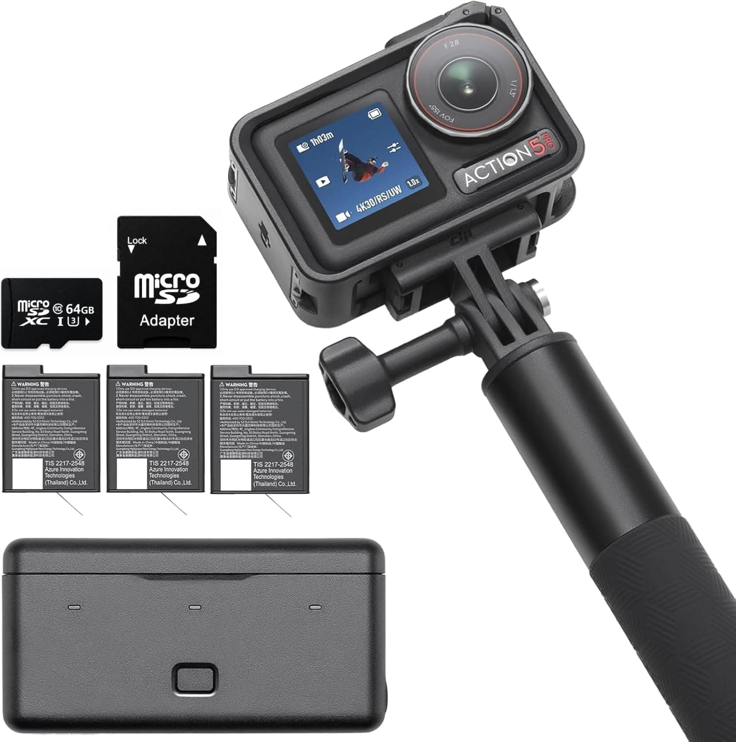 DJI Osmo Action 5 Pro Paquete de cámara de acción impermeable, sensor de 1/1,3" | vídeo 4K/120 fps, seguimiento de sujeto, estabilización, almacenamiento integrado de 47 GB, combo de aventura original + tarjeta adicional de 64 GB