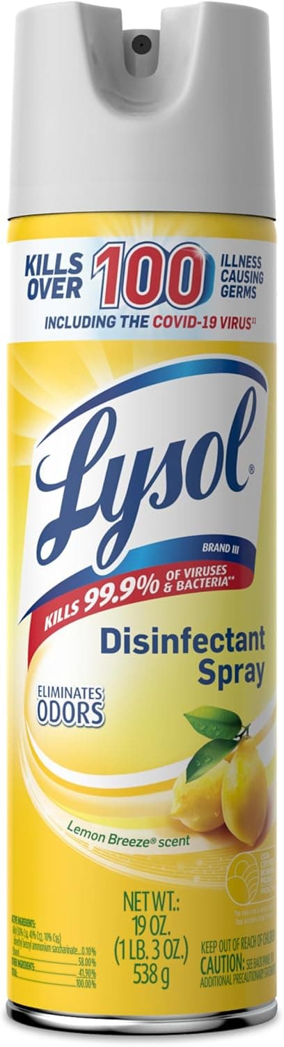 Spray desinfectante Lysol, suministros de limpieza para el hogar, spray desinfectante multiusos para habitaciones, desinfectante antibacteriano, desodorante, mata hantavirus, brisa de limón, 19 onzas líquidas
