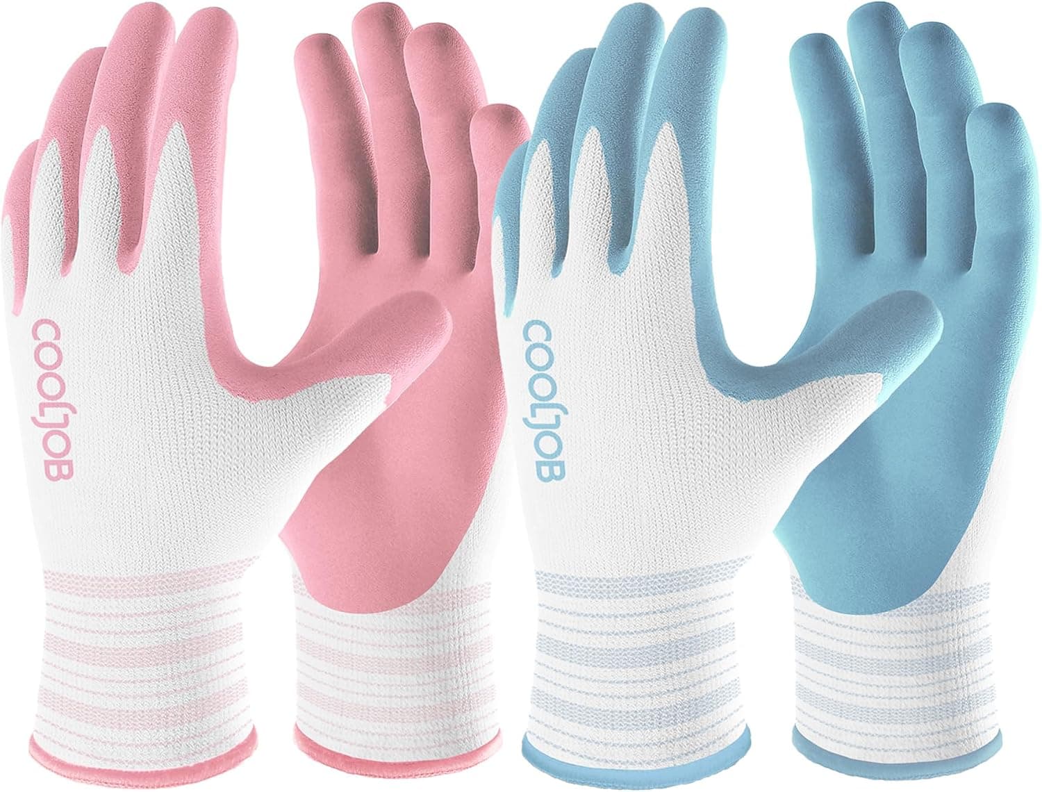 COOLJOB 2 pares de guantes de jardinería para mujer, recubiertos de goma transpirable, M | Azul y rosa, palma de látex texturizada, forro de poliéster transpirable, ajuste flexible, lavable a máquina, guantes de jardín para mujer