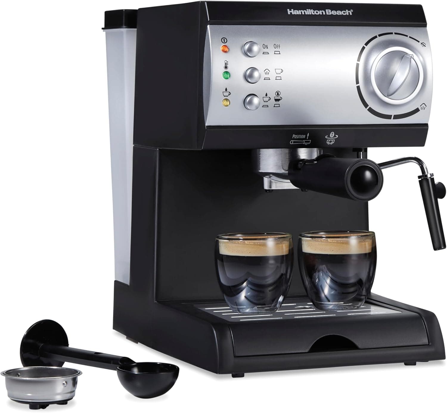 Máquina de café expreso Hamilton Beach de 15 barras, máquina para hacer capuchino, moca y café con leche, con espumador de leche, prepara 2 tazas simultáneamente, funciona con cápsulas o café molido, 50 oz. Depósito de agua, negro | Máquina para hacer capuchino, moca y café con leche | Haga 2 tazas simultáneamente | Vainas o café molido | 50 onzas Depósito de agua | Negro