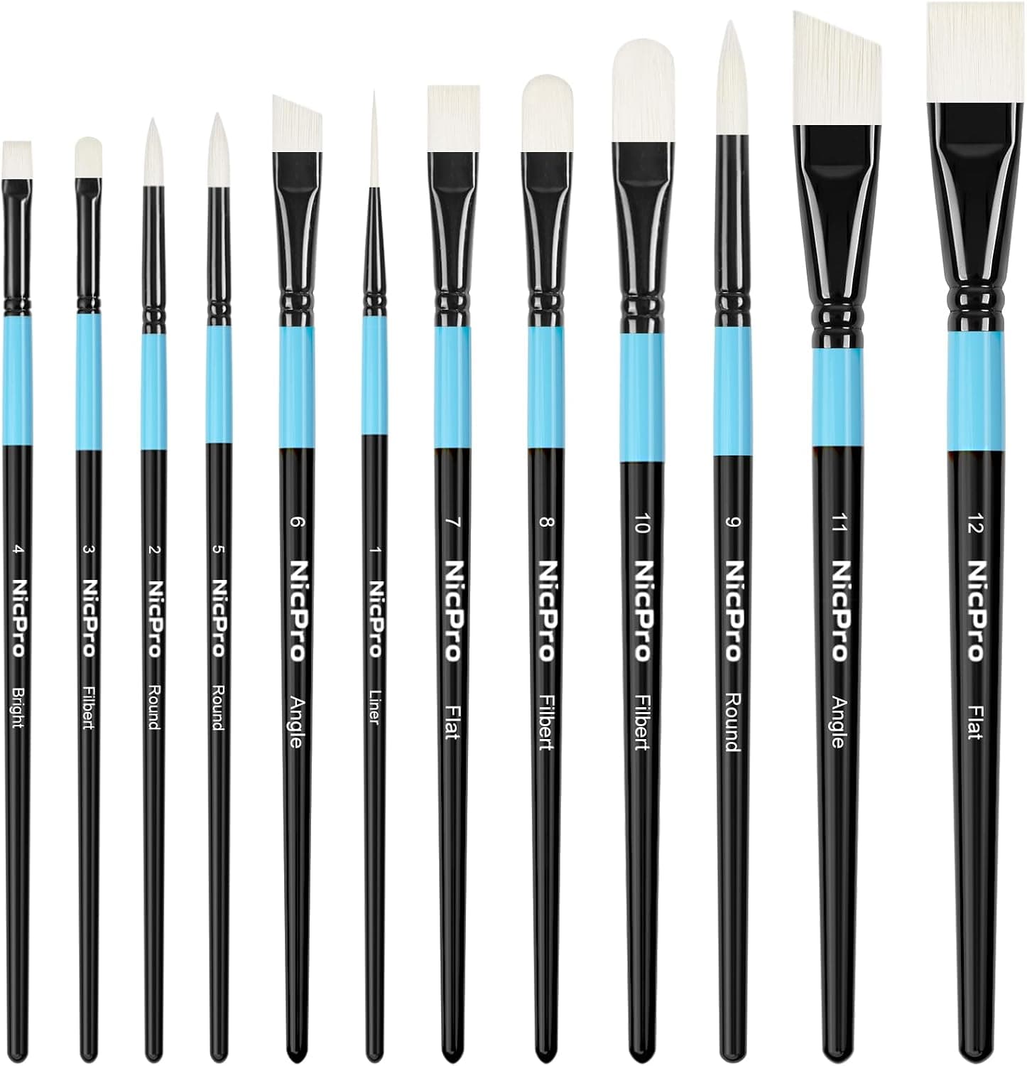 Nicpro Juego de pinceles de pintura para artistas, 12 piezas, pinceles para pintura acrílica | Pinceles de cerdas sintéticas firmes con revestimiento brillante en ángulo de avellana redondo plano para gouache al óleo, témpera, artesanía, modelo, tela