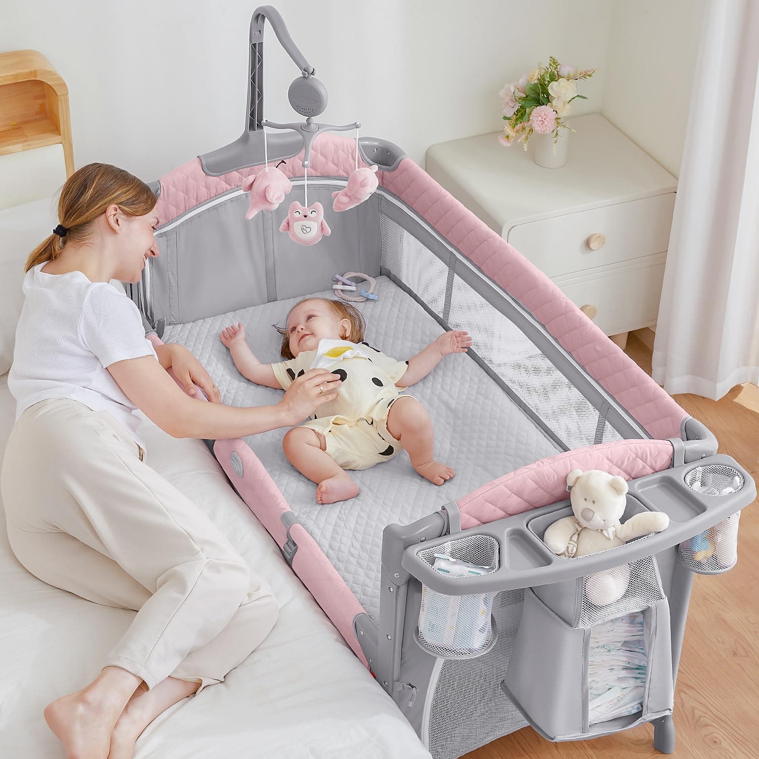 ADOVEL Baby Bassinet Bedside Crib, Pack and Play with Mattress, Diaper Changer and Playards from Newborn to Toddles,Pink