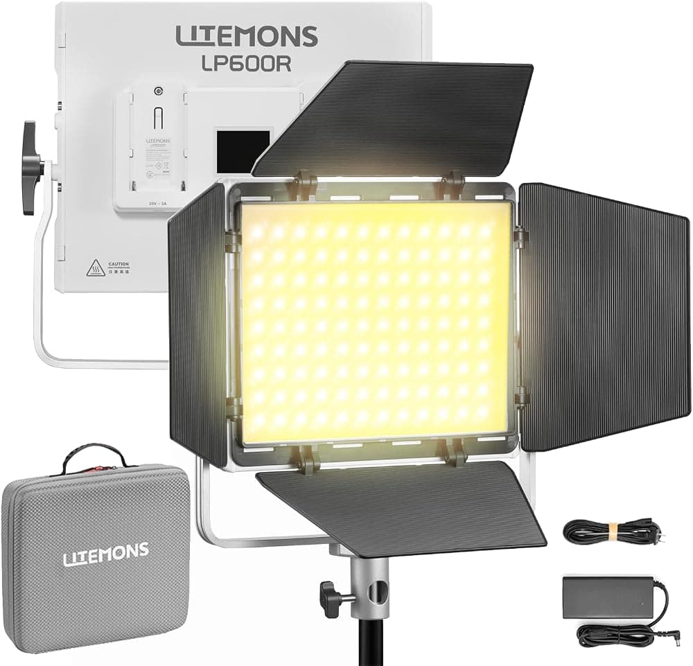 Litemons LP600Bi Panel de luz LED bicolor con control de aplicación, iluminación de fotografía de estudio de 60 W con puerta de granero, 2800 K -6500 K, modos FX/giratorio de 360°/CRI 96+ TLCI 96+ con puerta de granero, estuche de transporte | 60W 2800-6500K, CRI 96+ TLCI 96+, 11 modos FX, control de aplicaciones para YouTube, juegos, streaming, fotografía