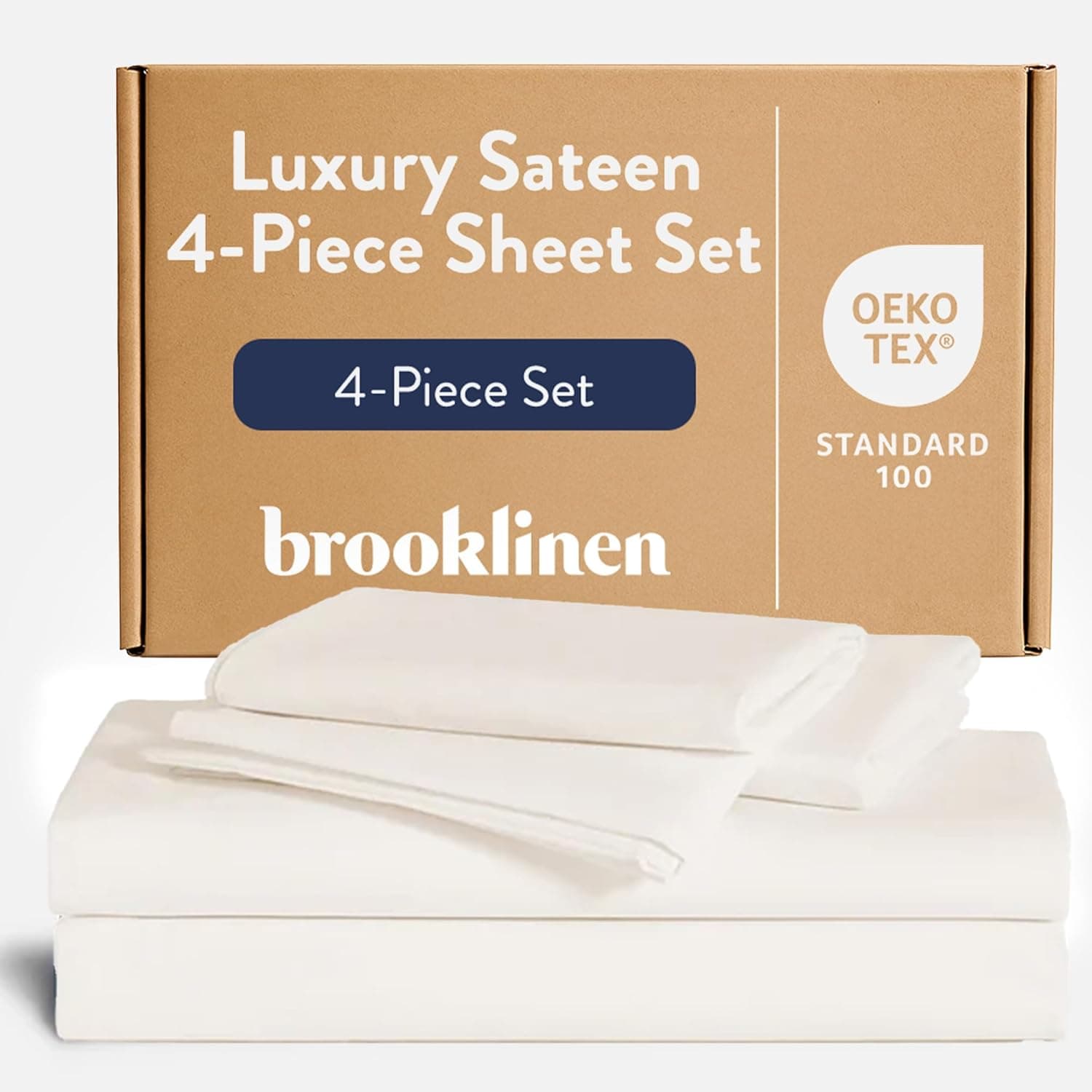 Brooklinen Juego de sábanas de satén de 4 piezas de lujo con calidad hotelera - Completo, crema | 100 % satén de algodón de fibra larga, suave como la mantequilla, sedoso y de calidad hotelera; sábanas más suaves; transpirable y duradero; fresco y lujoso.