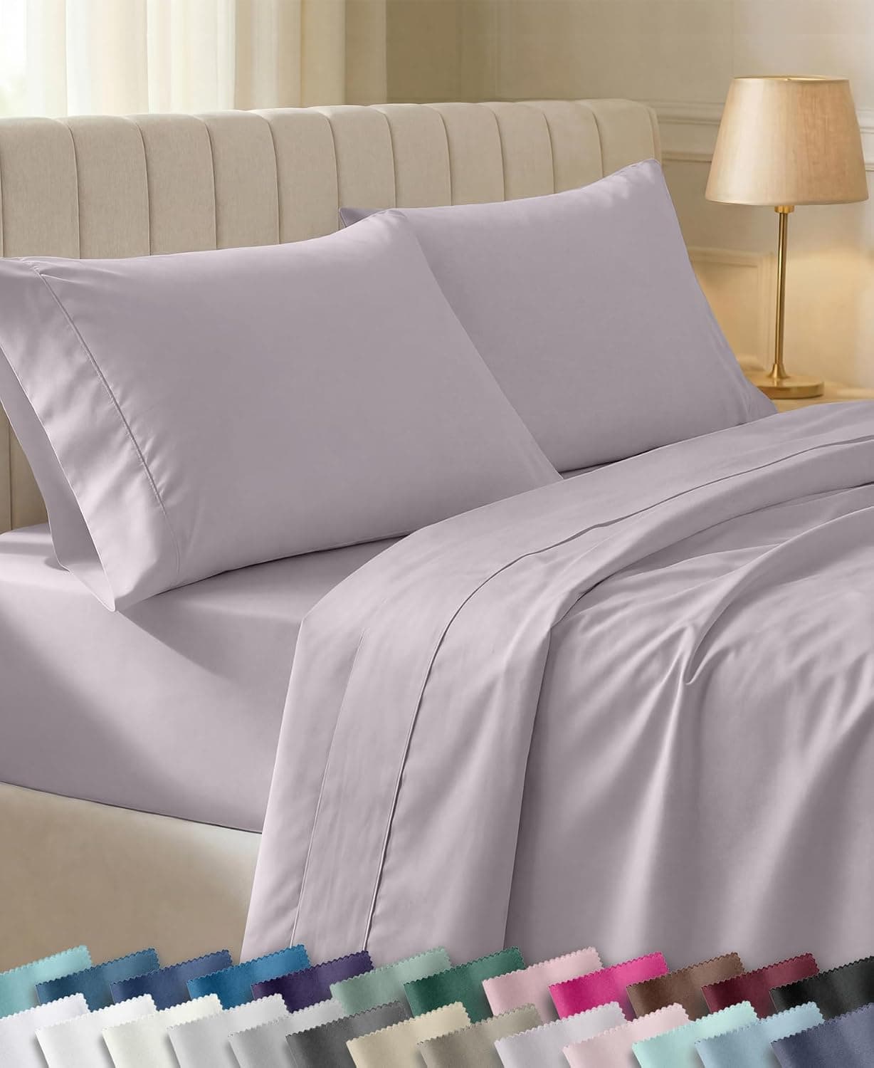 California Design Den Soft 100% Cotton Sateen Queen Size Bedsheets Set | 400 Thread Count Backed by Good Housekeeping Seal, 16" Deep Pocket, All-Around Elastic, Easy Care - Dusky Lavender Grey
