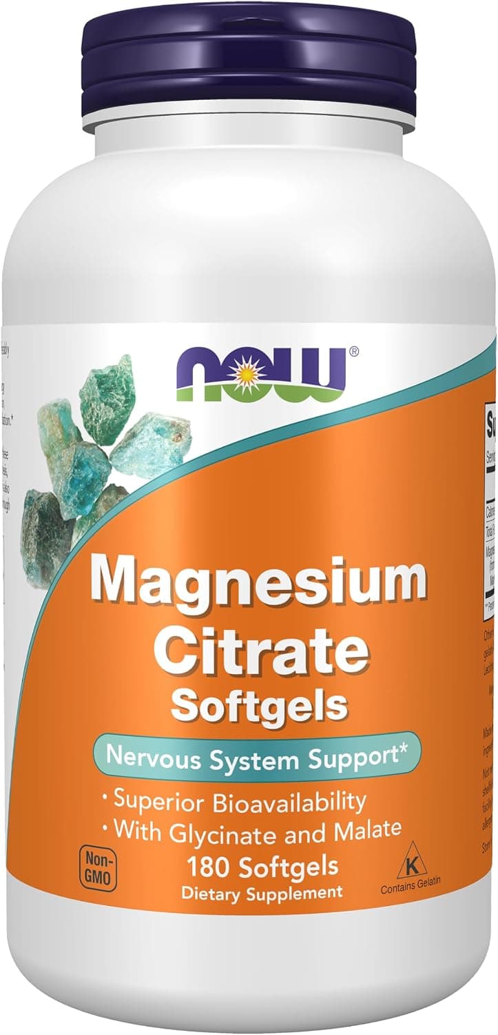 NOW Suplementos, citrato de magnesio, con glicinato y malato, respaldo del sistema nervioso*, 180 cápsulas blandas