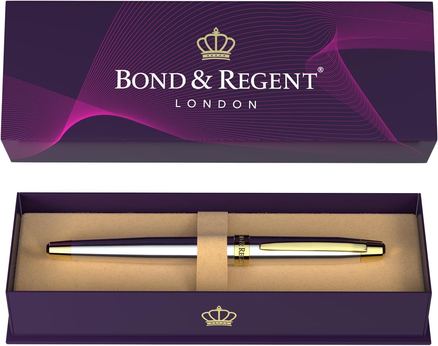Bond & Regent Bolígrafo Roller de Lujo en Oro de 24 Quilates - Fancy Executive Set de Regalo de Escritura Profesional para Hombres y Mujeres, Bolígrafos Bonitos, Cromo Plateado