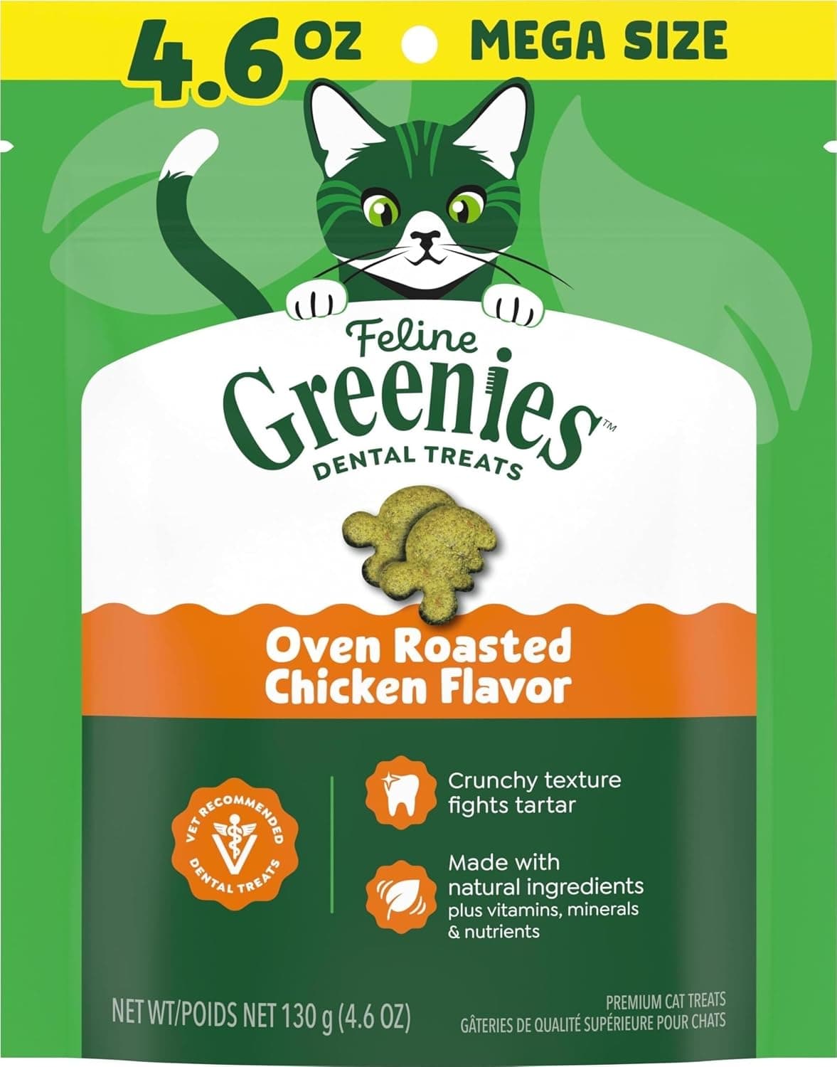Greenies Feline Natural Dental Cat Treats, sabor a pollo asado, 4.6 oz | Cuidado bucal número uno recomendado por veterinarios, clínicamente probado, limpia los dientes y refresca el aliento, limpia hasta la línea de las encías, ingredientes naturales