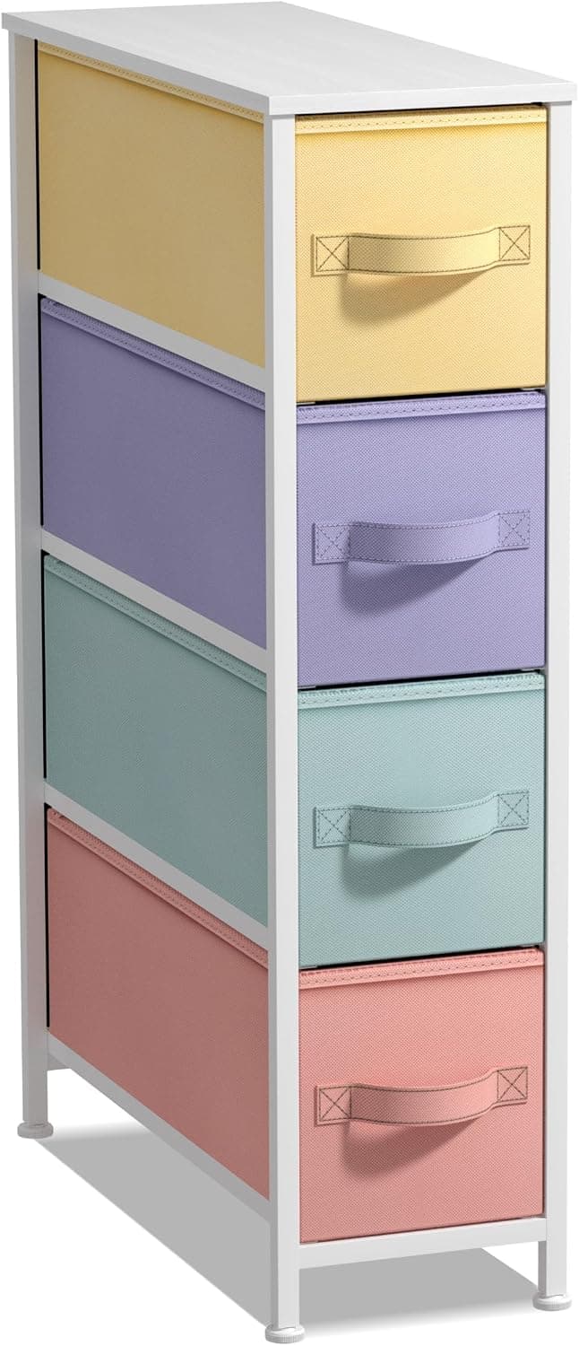 Cómoda estrecha de 4 cajones Sorbus para dormitorio (pastel) | Los cajones delgados para espacios pequeños cuentan con asas de transporte, una tapa de madera, un marco de acero y contenedores de tela de fácil extracción para la ropa diaria.