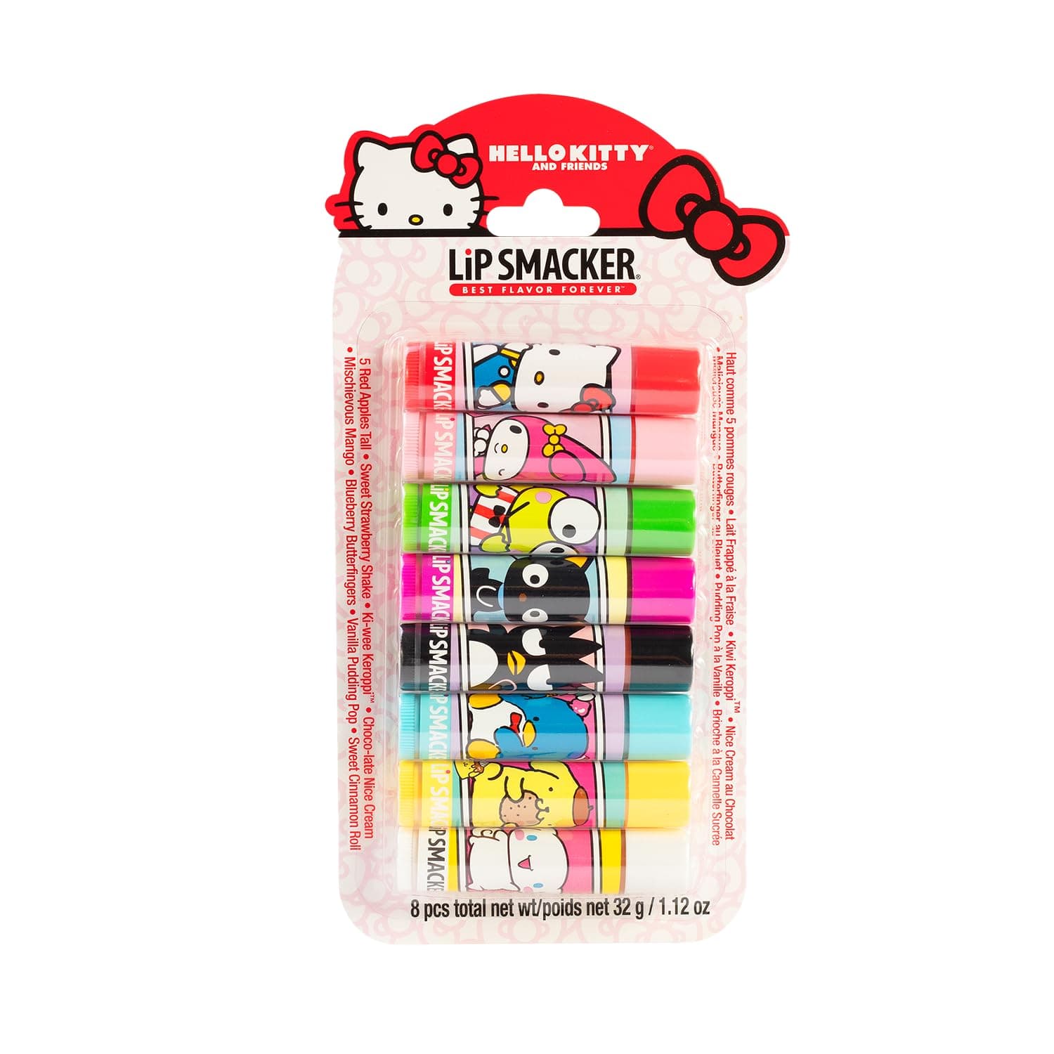 Lip Smacker Sanrio Hello Kitty and Friends Bálsamo labial con sabor de 8 piezas, My Melody, Little Twin Stars y Chococat, hidratante y protector, sin crueldad