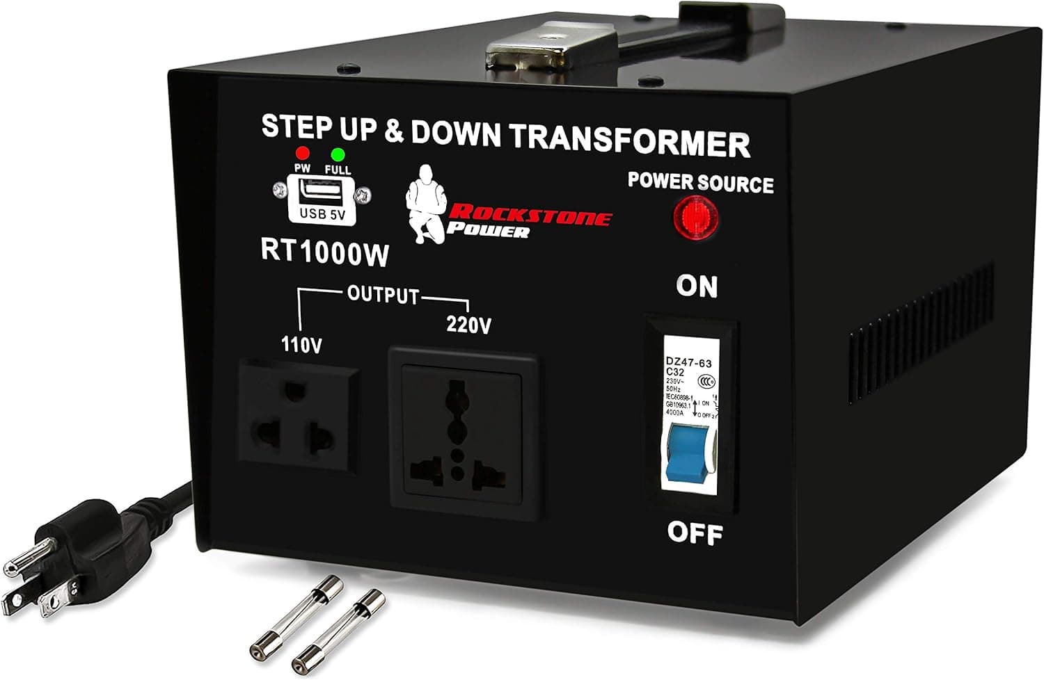 Transformador convertidor de voltaje de 1000 vatios - Convertidor de potencia reductor/reductor de CA 110 V/120 V/220 V/240 V de alta resistencia - Protección del disyuntor - Puerto USB CC 5 V - Certificado CE [Garantía de 3 años]