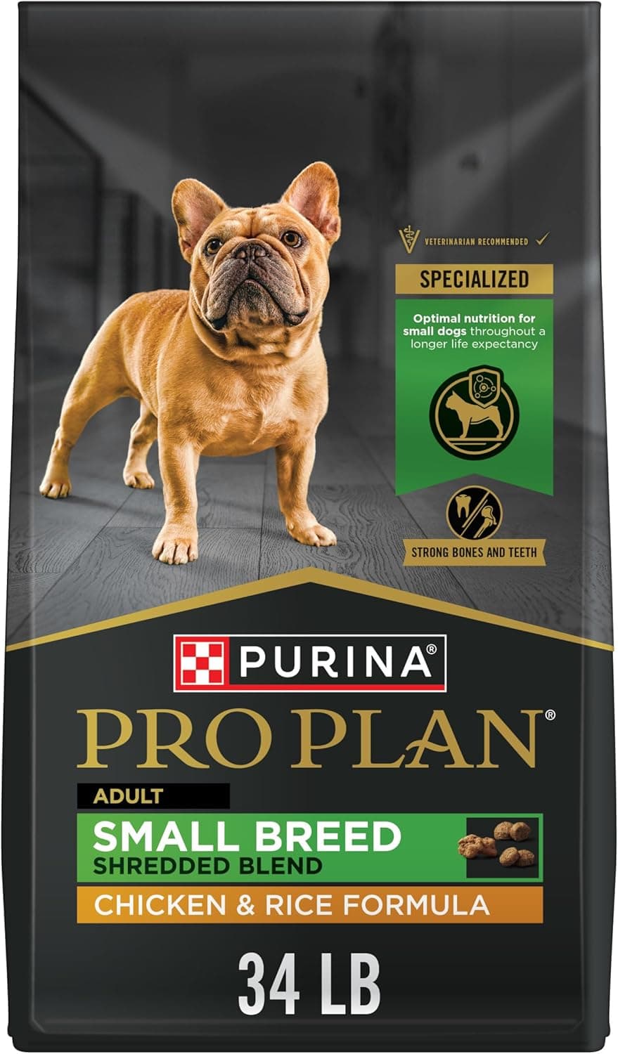 Purina Pro Plan Comida seca para perros de raza pequeña, mezcla de pollo rallado, bolsa de 34 libras | Fórmula de pollo y arroz para perros pequeños con probióticos para perros, alta en proteínas para satisfacer las necesidades de perros adultos activos de menos de 20 libras