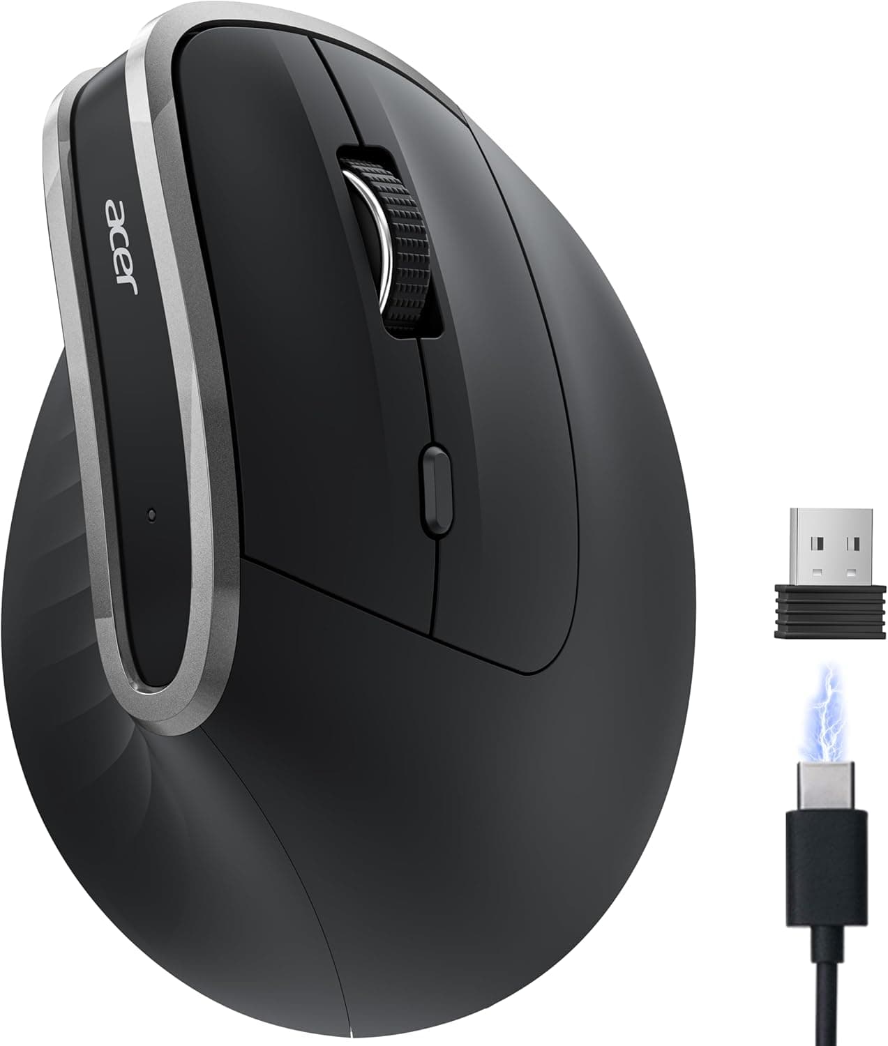 Acer Ratón ergonómico inalámbrico, ratón vertical para ordenador portátil, PC | Ratones Ergo de Oficina Recargables para Manos de Tamaño Mediano a Grande, Inclinación de 58°, Receptor USBA 2.4G, 800/1200/1600 DPI, 6 Botones