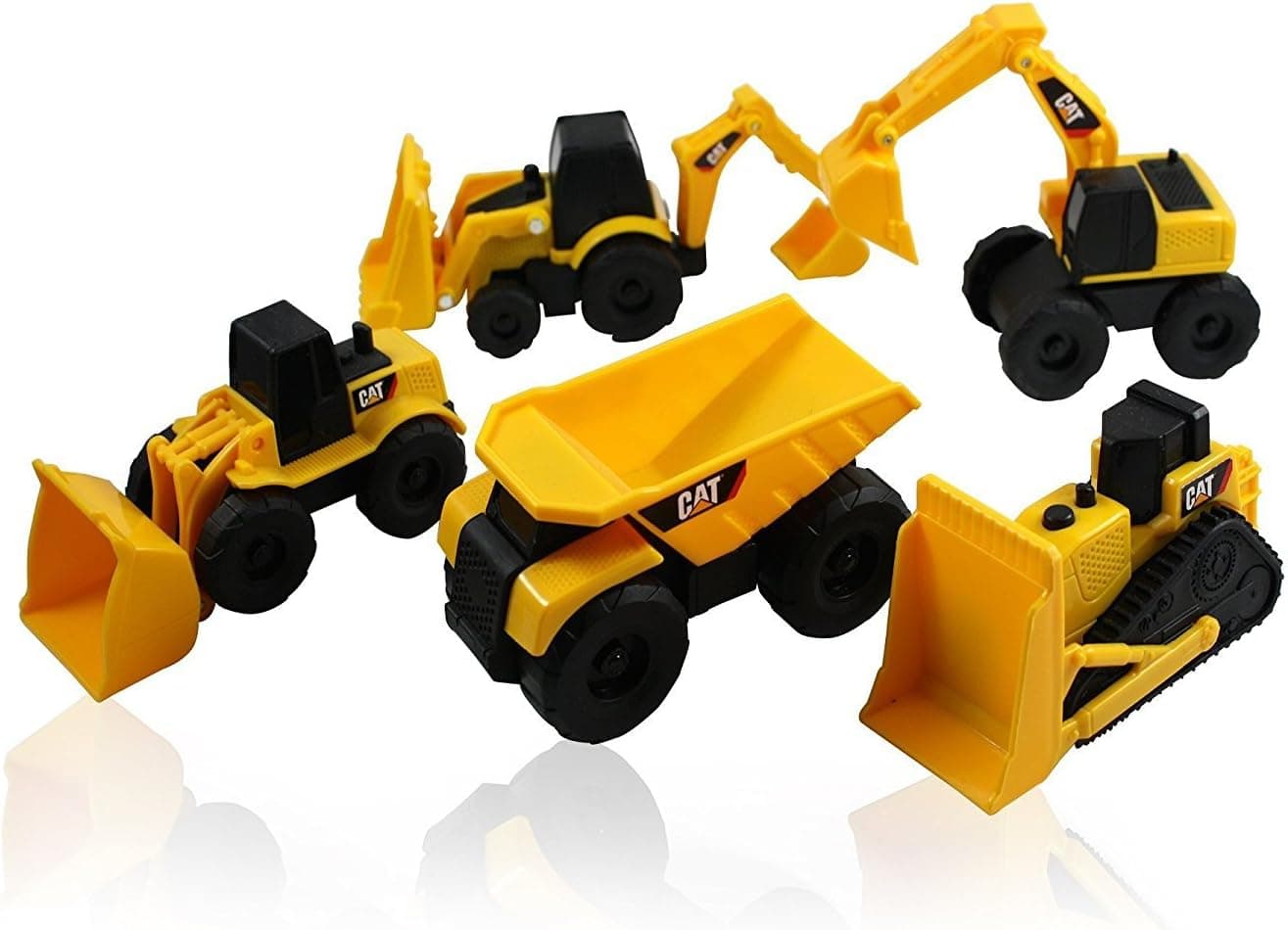 CAT Mini Machine Caterpillar Construction Truck Toy Cars Juego de 5, camión volquete, topadora, cargadora de ruedas, excavadora y retroexcavadora, vehículos de ruedas libres con piezas móviles, excelentes adornos para pasteles