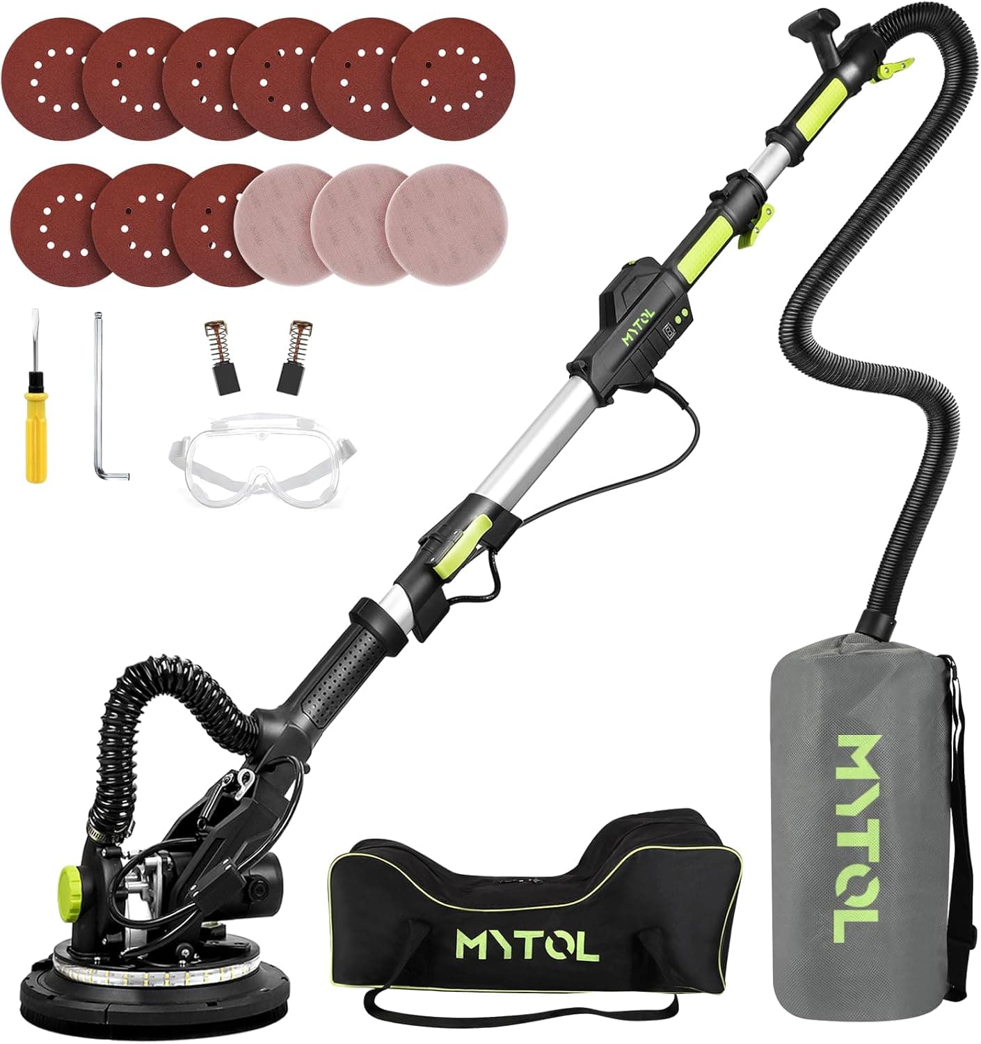 MYTOL Lijadora para paneles de yeso, lijadora eléctrica para paneles de yeso de 7,2 A con recolección de polvo al vacío, luz LED, pantalla digital de 6 velocidades variables 900-1800 RPM, mango plegable y extensible
