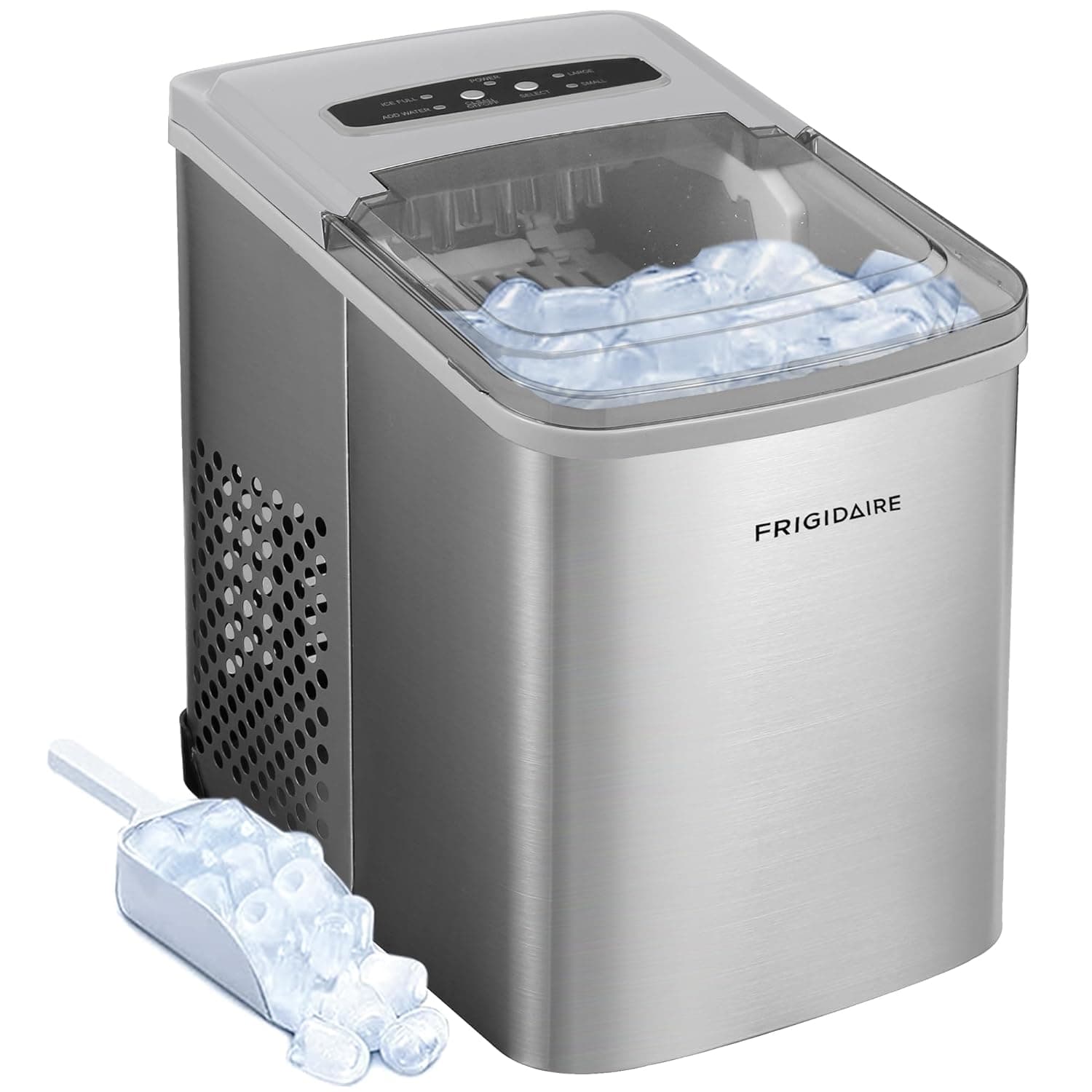 Frigidaire Máquina compacta portátil de 26 libras por día, máquina para hacer hielo, inoxidable, mediana