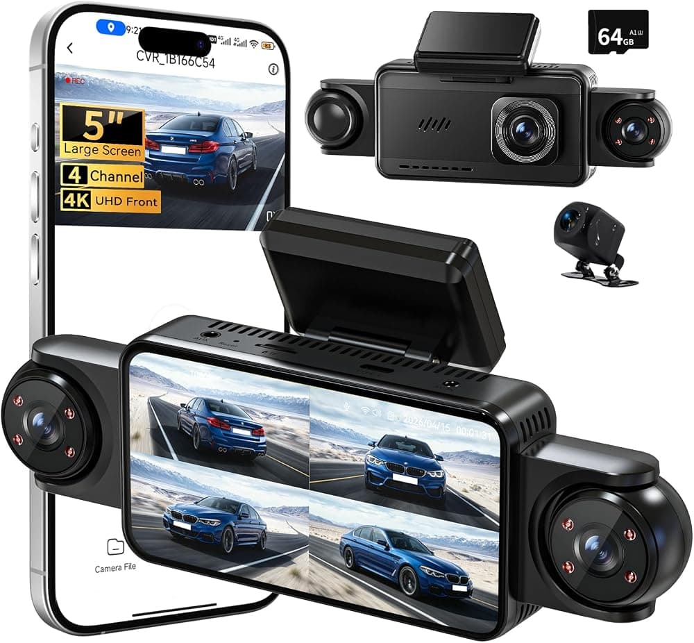 Cámara de salpicadero de 4 canales con vista de 360°, cámara de salpicadero de pantalla grande IPS de 5 pulgadas para automóviles, 4K+1080P delantera y trasera interior izquierda derecha, visión nocturna por infrarrojos incorporada, modo de estacionamiento 24 horas, tarjeta SD de 64 GB, transmisión inalámbrica de aplicaciones