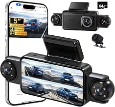 Cámara de salpicadero de 4 canales con vista de 360°, cámara de salpicadero de pantalla grande IPS de 5 pulgadas para automóviles, 4K+1080P delantera y trasera interior izquierda derecha, visión nocturna por infrarrojos incorporada, modo de estacionamiento 24 horas, tarjeta SD de 64 GB, transmisión inalámbrica de aplicaciones