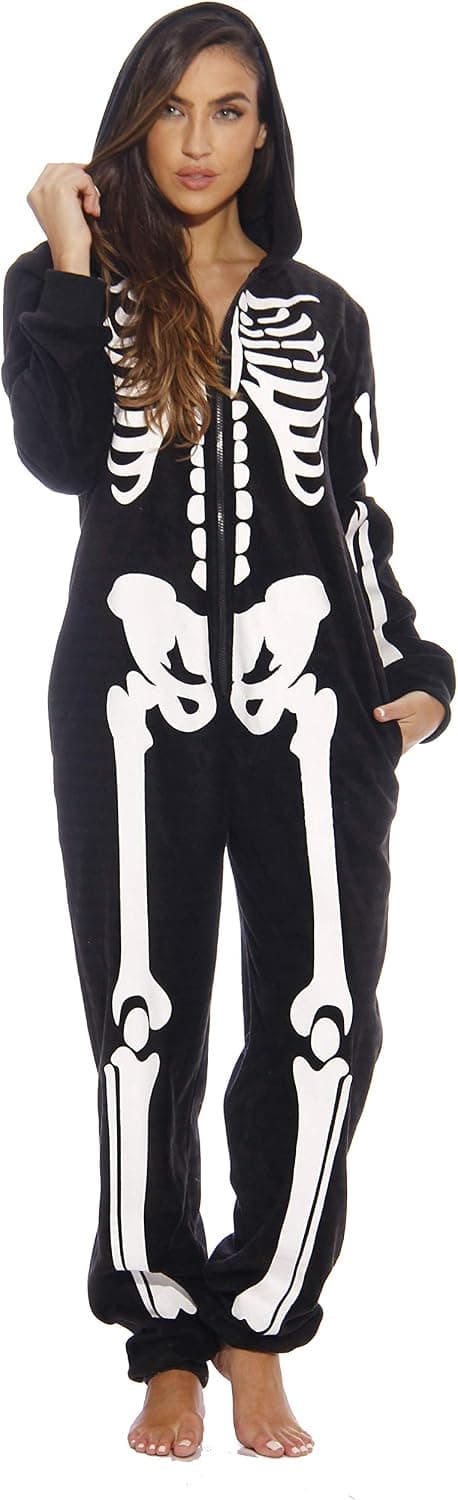 Just Love Skeleton Onesie Halloween Costumes for Women Adult - Comfortable Fleece Fabric with Cozy Hooded