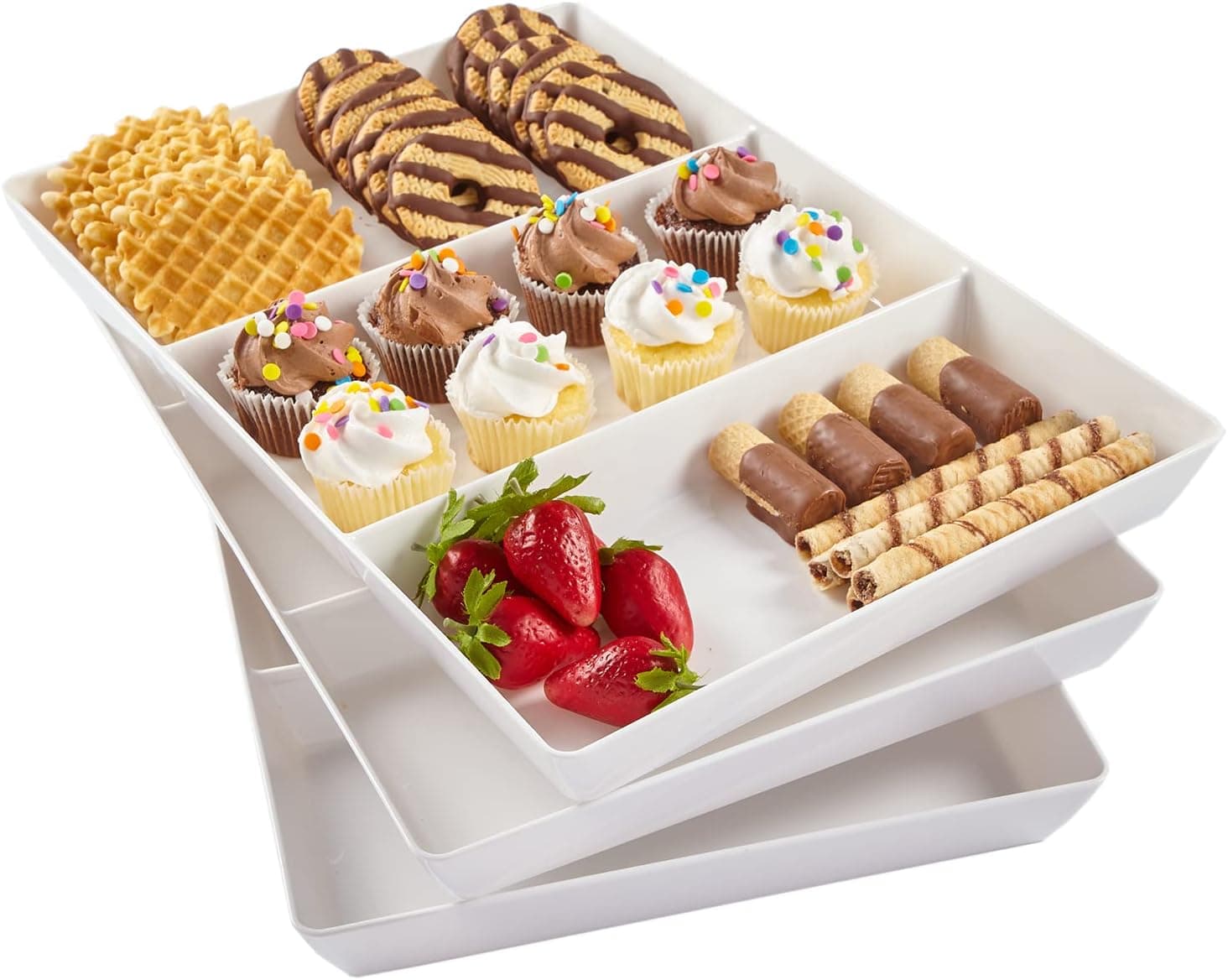 Bandejas para servir divididas de plástico blanco Avant de acrílico estadounidense (juego de 3) 15” x 10” | Platos grandes reutilizables para fiestas de 3 secciones | Sirva aperitivos, frutas, verduras y postres | Sin BPA y fabricado en EE. UU.