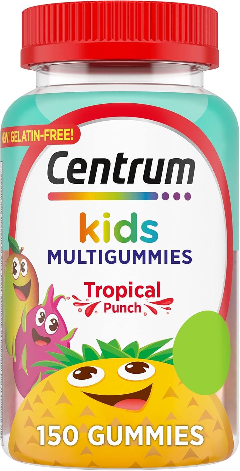 Gomitas multivitamínicas Centrum Kids, sabor a ponche tropical, 150 tabletas | Contiene vitaminas B, vitamina C, vitamina D y vitamina E, apoya la inmunidad, la energía, el crecimiento y el desarrollo.
