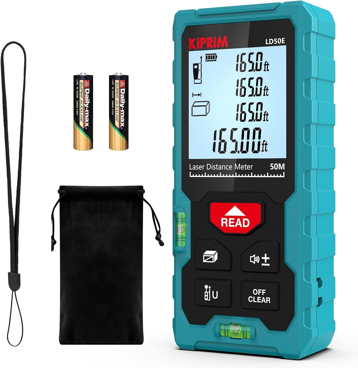 Kiprim LD50E Medición de distancia láser, 165 pies/50 M, LCD retroiluminada, interruptor pies/M/pulgadas | Herramienta de medición láser compacta de alta precisión equipada con una gran pantalla LCD retroiluminada. Admite conmutación de unidades ft/m/in y nivel de burbuja.
