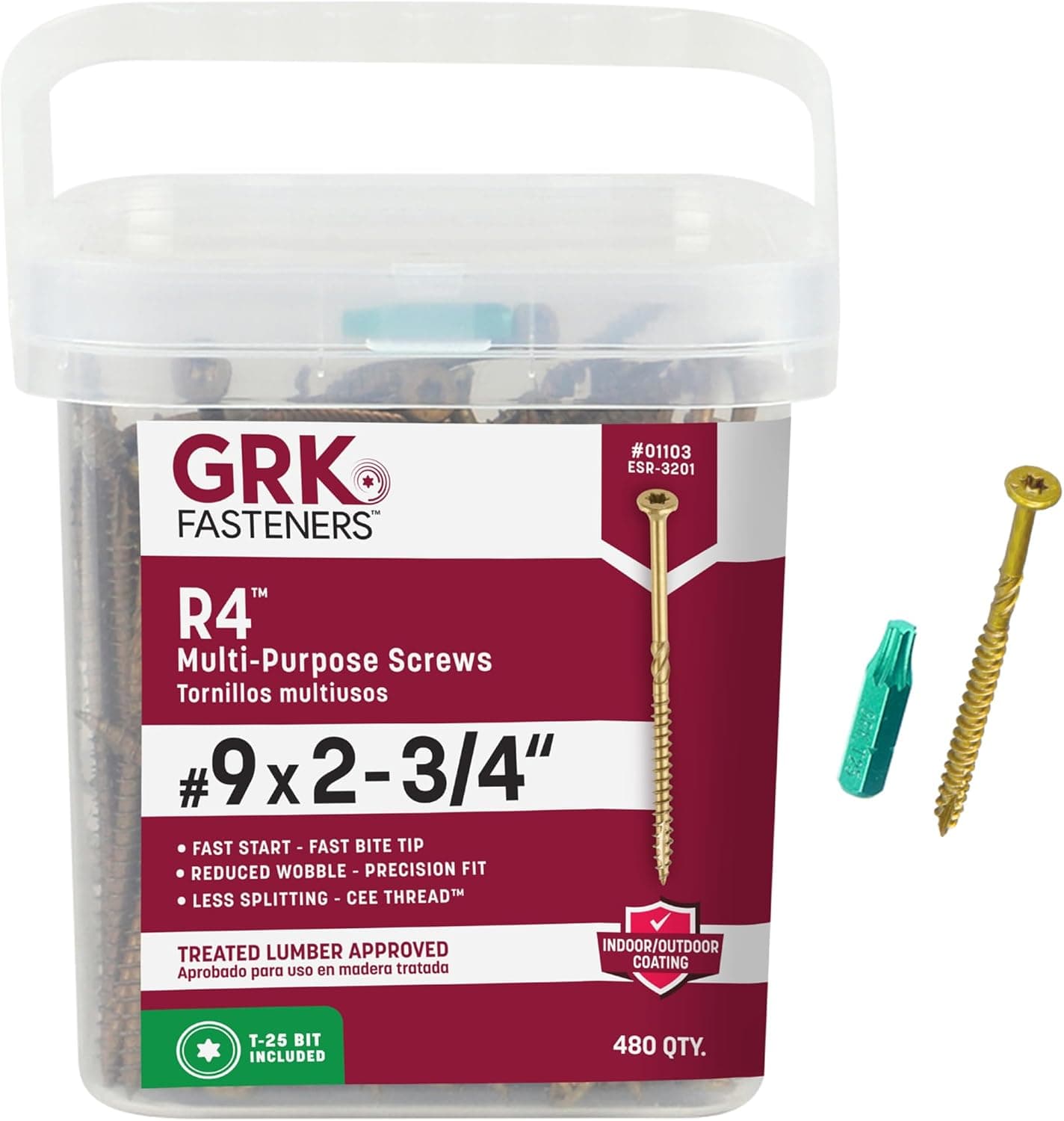 GRK Fasteners R4#9 x 2-3/4 pulgadas, tornillos de marco multiusos, 480 piezas, revestimiento Climatek resistente a la oxidación, tornillos para cercas y cubiertas al aire libre, punta de mordida rápida, ranura Star Drive, punta T-25 incluida, oro