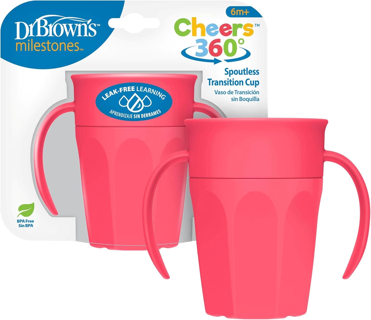 Copa de transición Dr. Brown's Milestones Cheers 360 Spoutless con asas, apta para viajes y sin fugas para bebés y niños pequeños, rosa, sin BPA, 7 oz/200 ml, más de 6 m