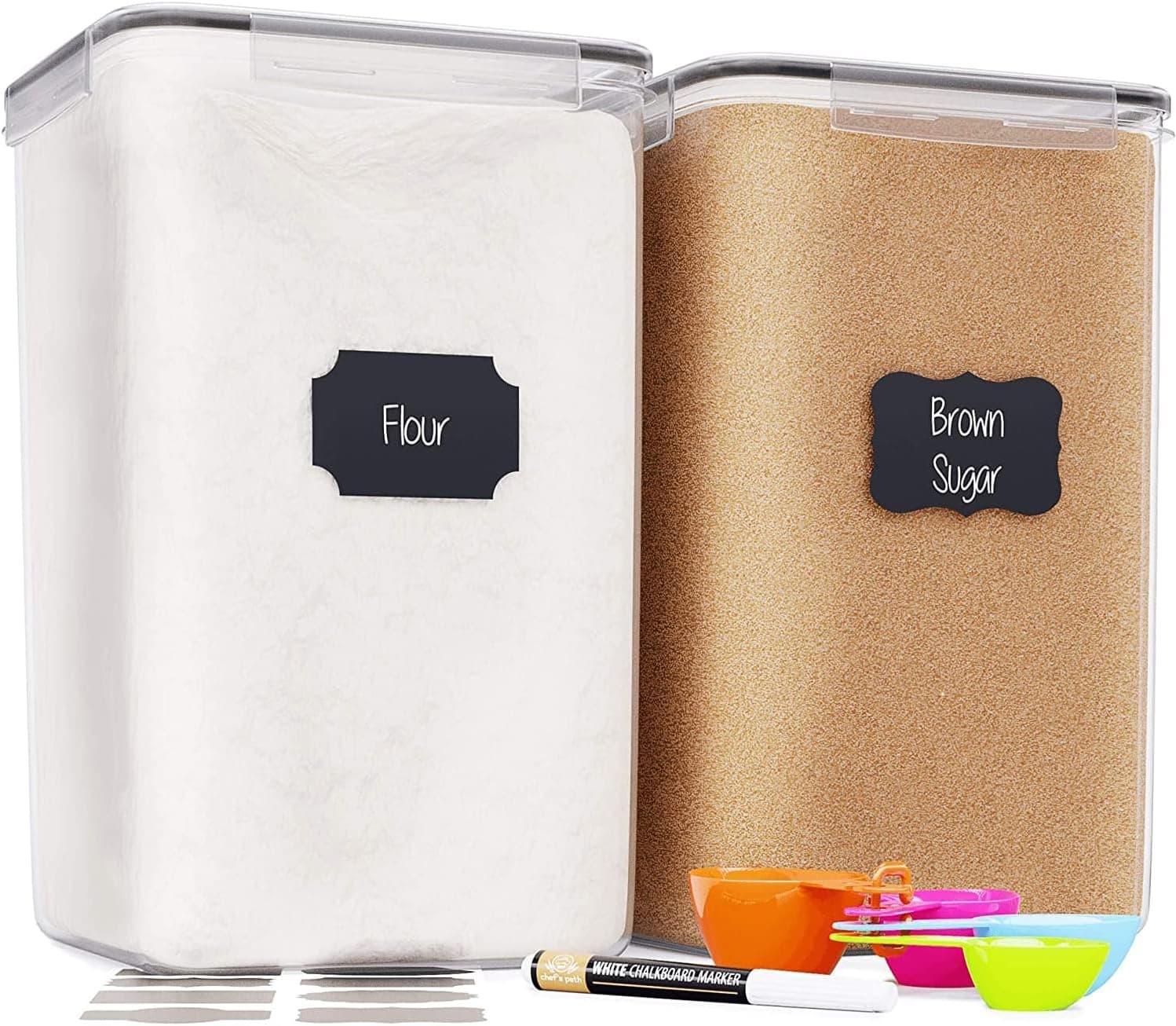 Chef's Path Contenedores herméticos extra grandes para almacenamiento de alimentos con tapas, paquete de 2, 6,5 L, 220 oz, recipientes herméticos para cocina y despensa a granel para harina, azúcar, arroz y suministros para hornear, transparente