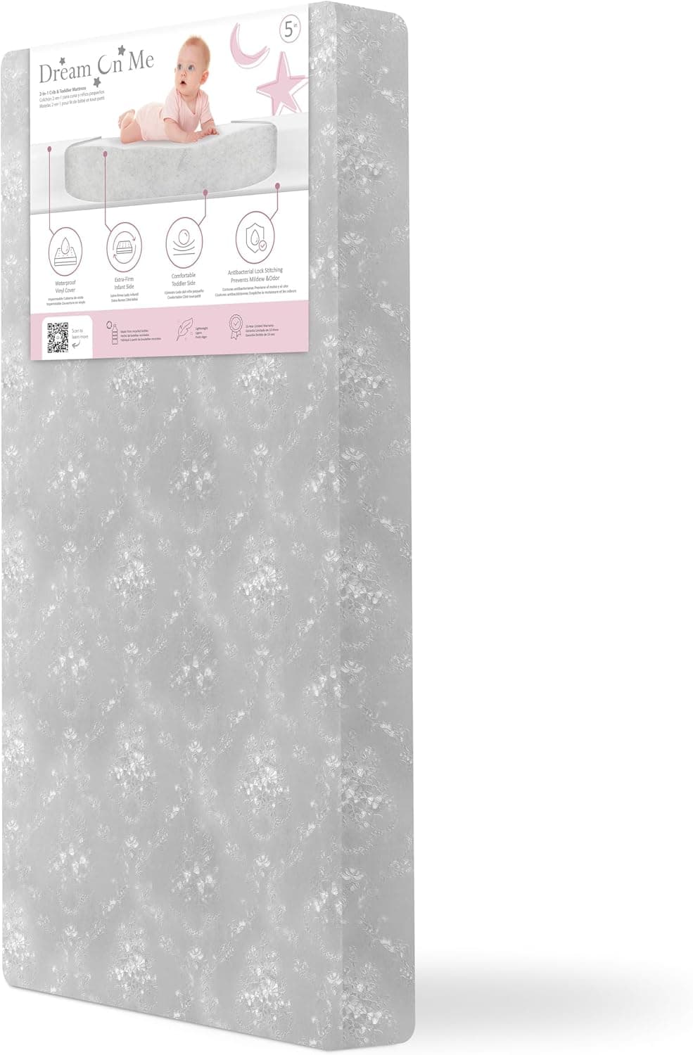 Dream On Me 2-in-1 Snooze Baby Crib Mattress, GREENGUARD Gold | Made in USA, Dual Sided, BSA Verified, ASTM & CPSC Tested, Fits Full Size Crib and Toddler Bed 52"x28"x5", Waterproof Cover