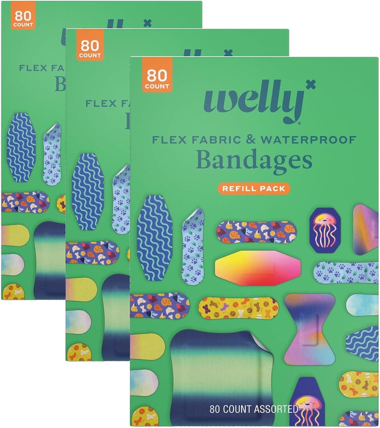 Paquete familiar Welly Bandage | Tela Flexible Adhesiva y Vendajes Impermeables | Surtido de formas y patrones para cortes, raspaduras y heridas menores, 80 unidades (paquete de 3)