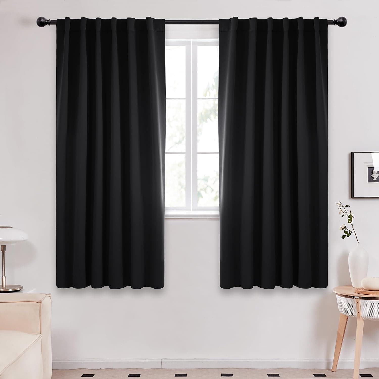 Deconovo Blackout Curtains for Bedroom, Living Room Curtains 63 Inches Long | Back Tab and Rod Pocket Drapes, Thermal Insulated, Room Darkening, Noise Reducing, Window Panels, Black, 52 x 63 Inch