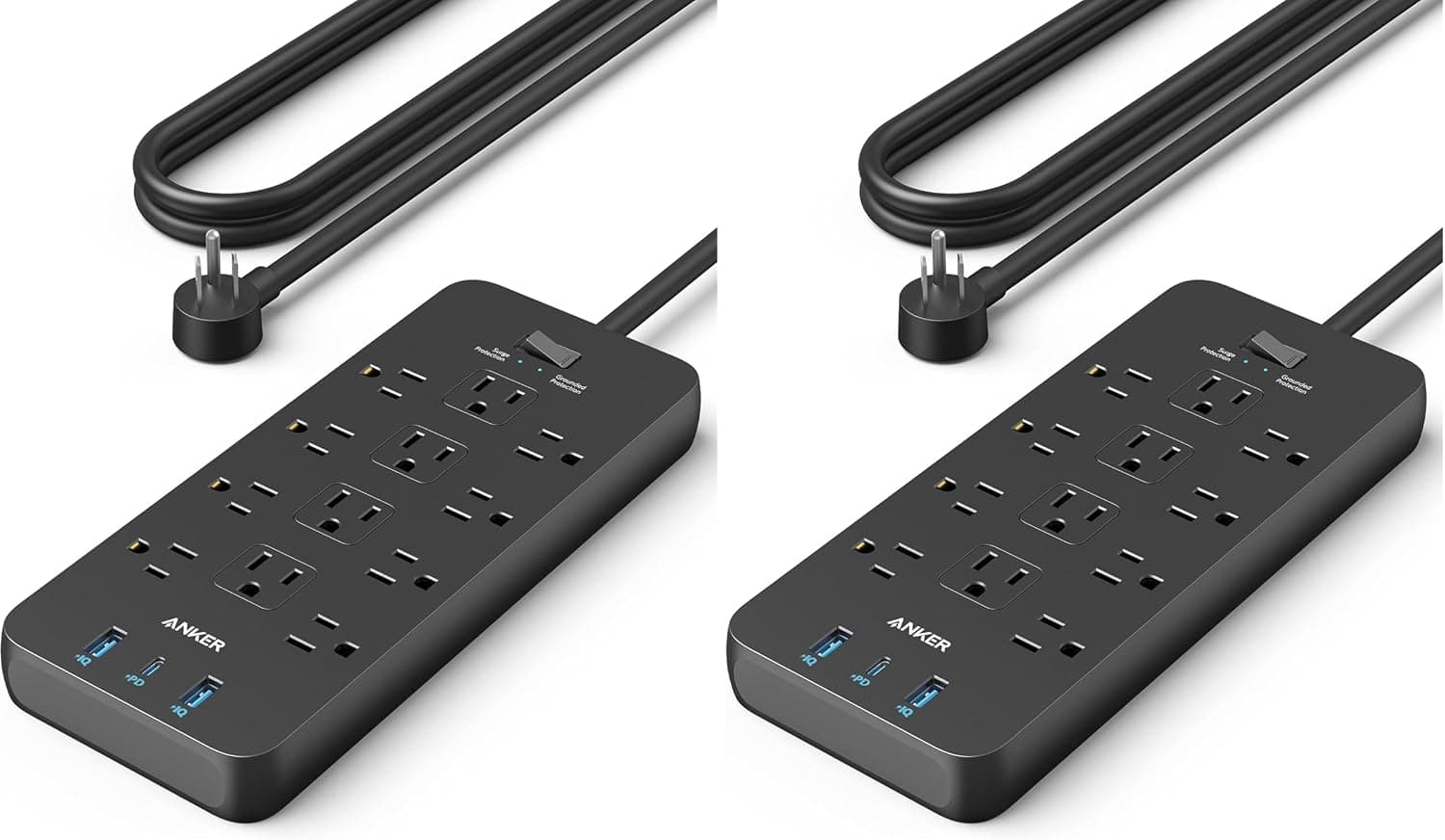 Anker Regleta con 3 puertos USB, protector contra sobretensiones (2100J-10 pies), 12 salidas, 2 puertos USB-A y 1 puerto USB-C, funciona con iPhone 16/16 Plus/16 Pro/16 Pro Max, para el hogar, la oficina, certificación TUV (paquete de 2)