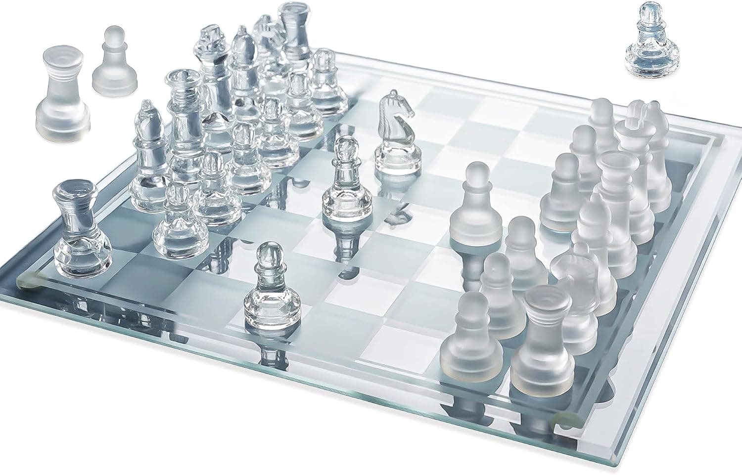 Juego de ajedrez de vidrio Gamie Premium, 12 pulgadas - Diseño elegante - Construcción duradera - 32 piezas esmeriladas y transparentes - Fondo de fieltro - Fácil de transportar - Estable y totalmente funcional para los amantes del ajedrez