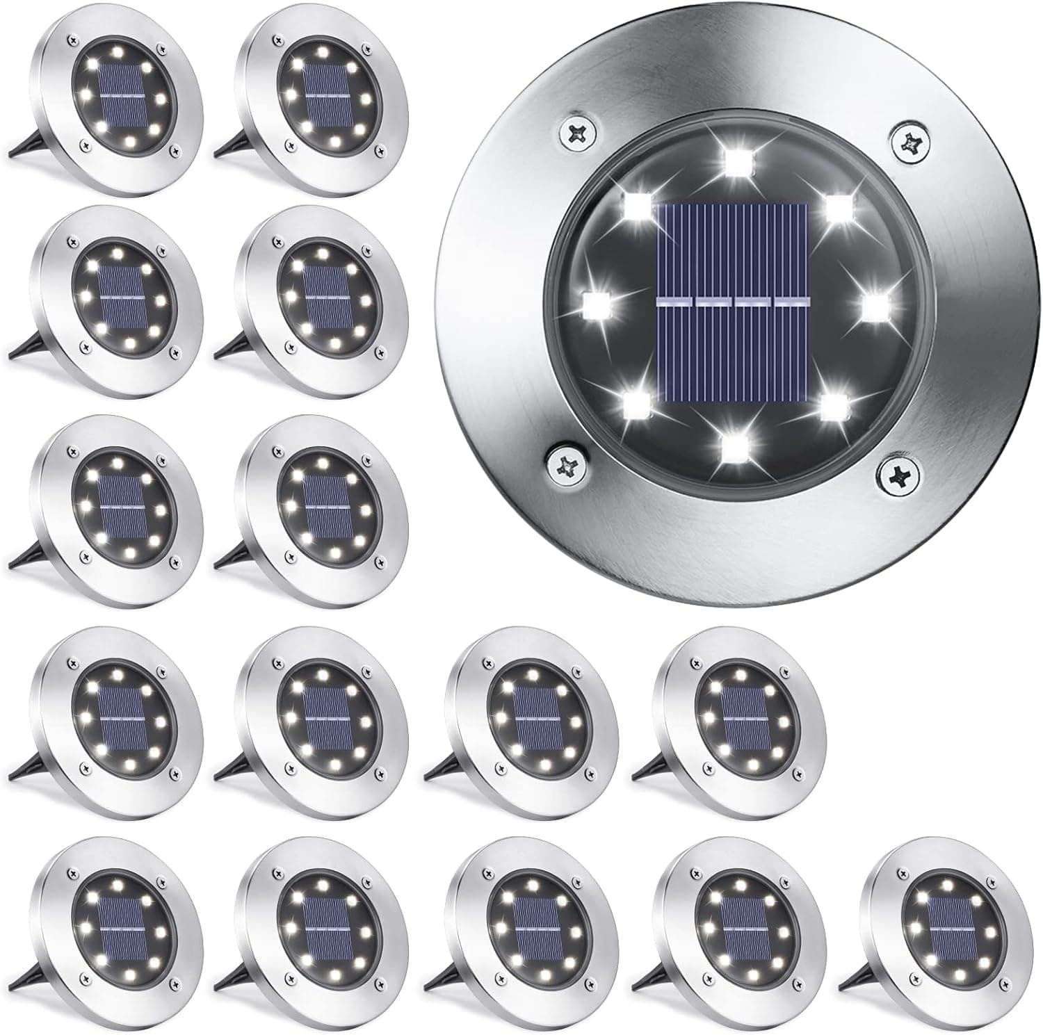 LYHOPE Luces solares de suelo para exteriores, paquete de 16, 8 luces LED de disco solares, impermeables, para jardín, iluminación de camino enterrada, iluminación de paisaje para césped, patio, terraza, pasarela (blanco)