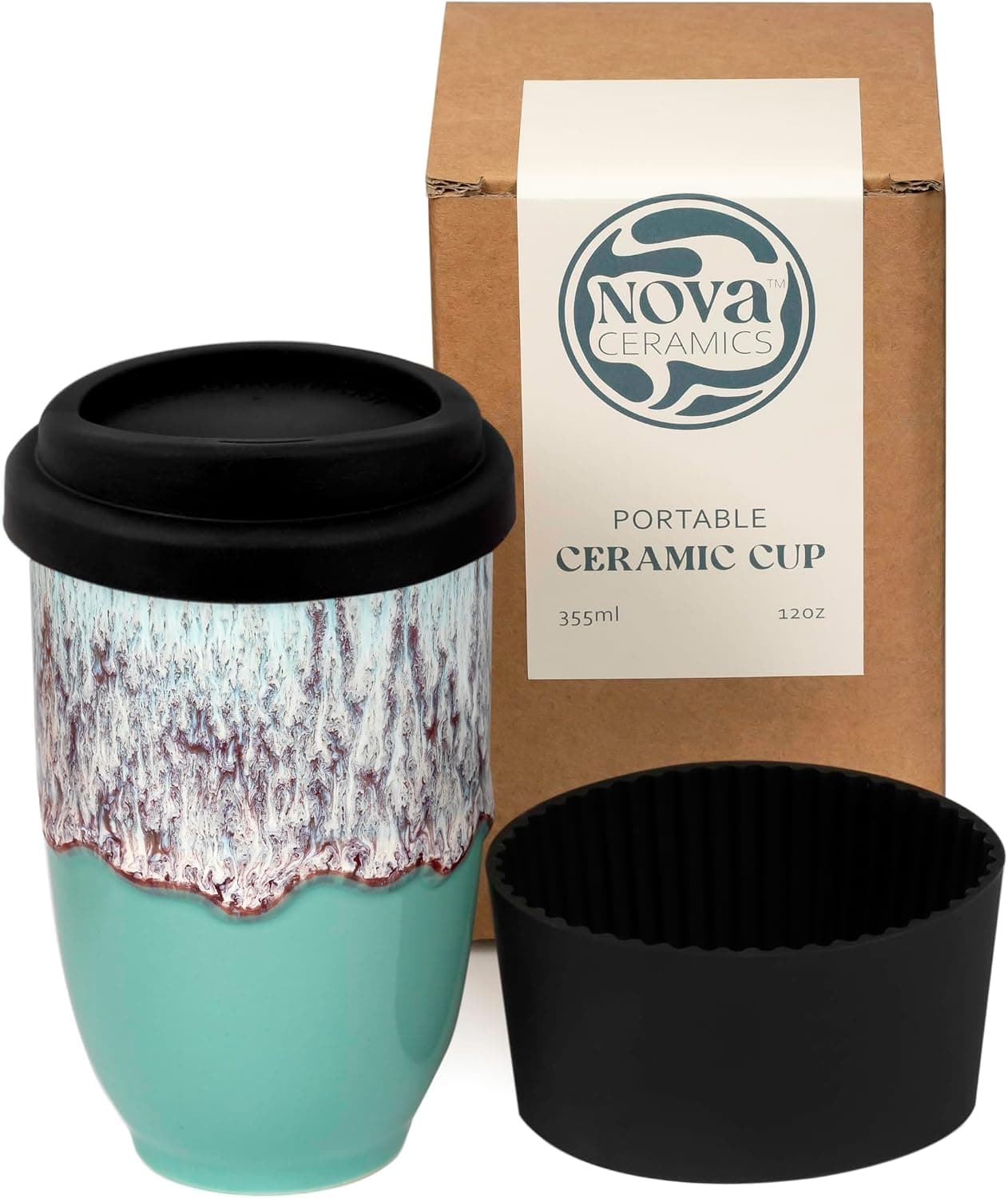 NOVA CERAMICS Taza de viaje – Taza de café de viaje – Taza de café reutilizable única para llevar – Vaso de café apto para microondas y lavavajillas – Regalos para mujeres, hombres, él y ella – 12 oz – Nebulosa