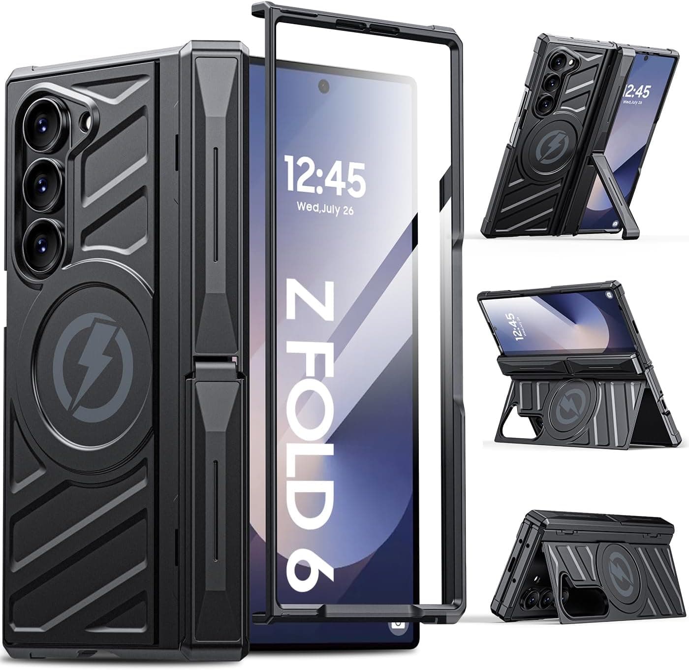 Funda magnética para Galaxy Z-Fold-6: funda resistente para teléfono [compatible con MagSafe] [protección de bisagra] [soporte dual] TPU a prueba de golpes+cubierta de PC para zfold 6 5G 2024 negro