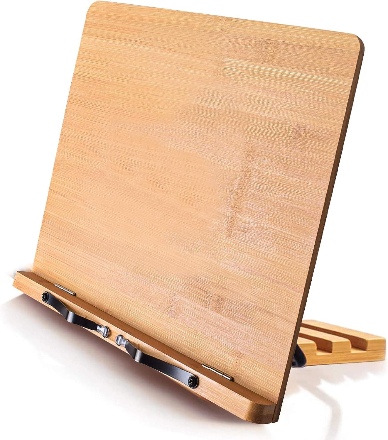 Wishacc Soporte para libros de bambú para lectura, soporte para libros de cocina de madera de primera calidad de 13,2 x 9,2 pulgadas y soporte para recetas para mostrador de cocina, caballete de escritorio ajustable plegable con 5 ángulos para libros de texto, partituras, tableta