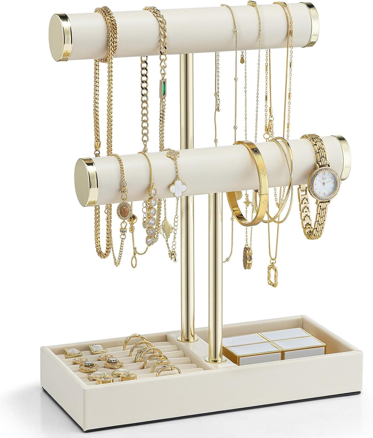 VLANDO Organizador de pulsera de 2 niveles con bandeja – Organizador de joyería de cuero para mujer – Soporte de joyería para collares, relojes, anillos, pendientes, pulseras, coleteros – blanco nube