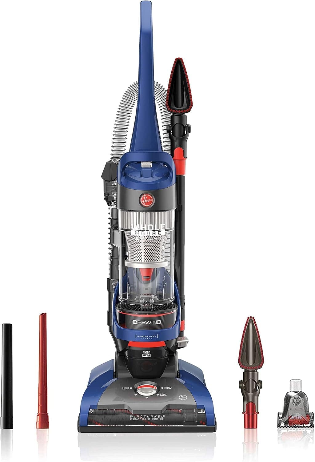 Aspiradora sin bolsa Hoover WindTunnel 2 con rebobinado para toda la casa | Aspiradora vertical con cable, filtración de medios HEPA, bloquea alérgenos y absorbe olores, aspiradoras con cable para uso doméstico