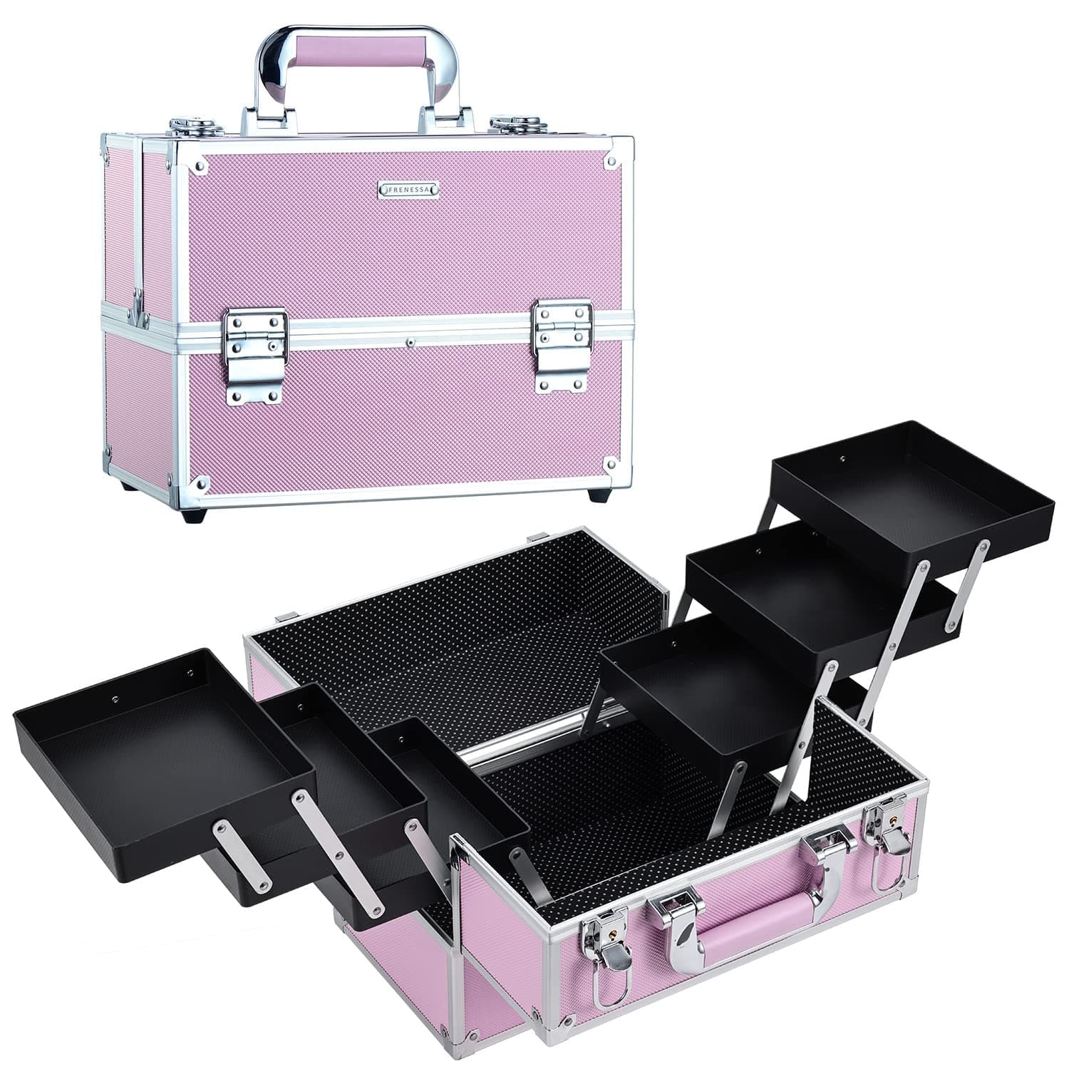 Makeup Train Case Large Portable Cosmetic Case - 6 Tier Trays Professional Makeup Storage Organizer Box Make Up Carrier with Lockable keys - Pink