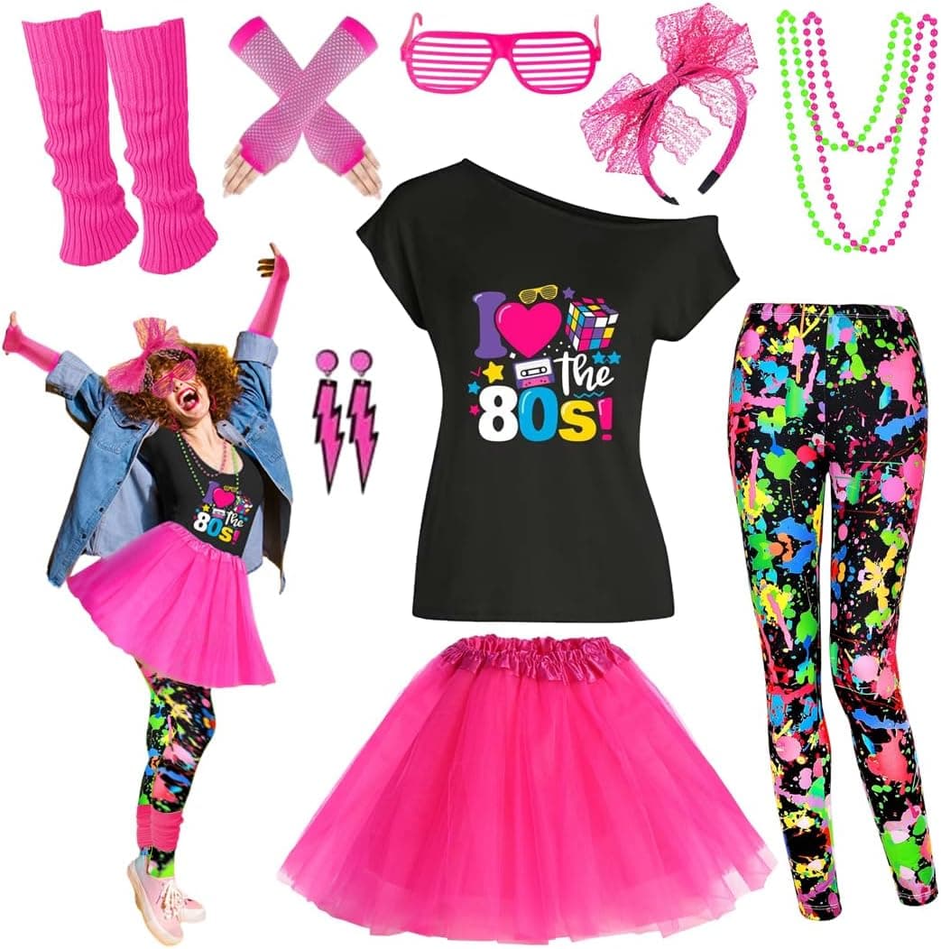 Conjunto de accesorios para disfraz de mujer de los años 80, camiseta, pantalones cortos, falda tutú, calentadores de piernas para fiesta Neno, diadema