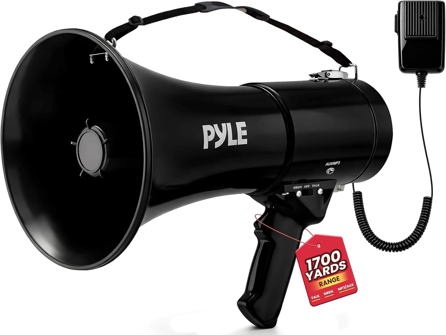 PYLE Altavoz Megáfono PA Bullhorn de 50 W - Sirena Incorporada, Control de Volumen Ajustable, Entrada Auxiliar de 35 mm, Alcance de 1554 Metros, Perfecto para Eventos Deportivos, Ejercicios de Emergencia y Actividades al Aire Libre, Negro