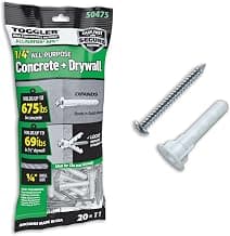 TOGGLER Alligator AF6 Anclajes de pared con tornillos, 1/4 pulg., Paquete de 20 | Anclajes de pared de polipropileno con tornillos para hormigón, ladrillo, piedra y paneles de yeso.