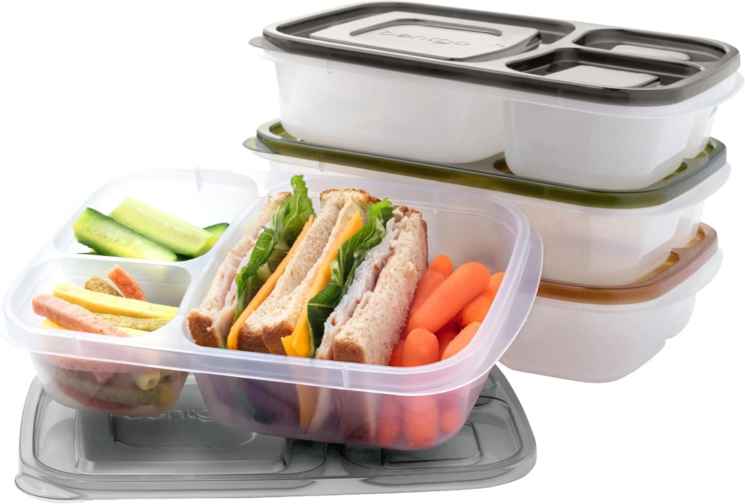 Bentgo Easyboxes Fiambreras Bento apilables de 3 compartimentos, juego de 4 | Reutilizable, sin BPA, apto para microondas, lavavajillas y congelador, tapas personalizadas, liviano (urbano)