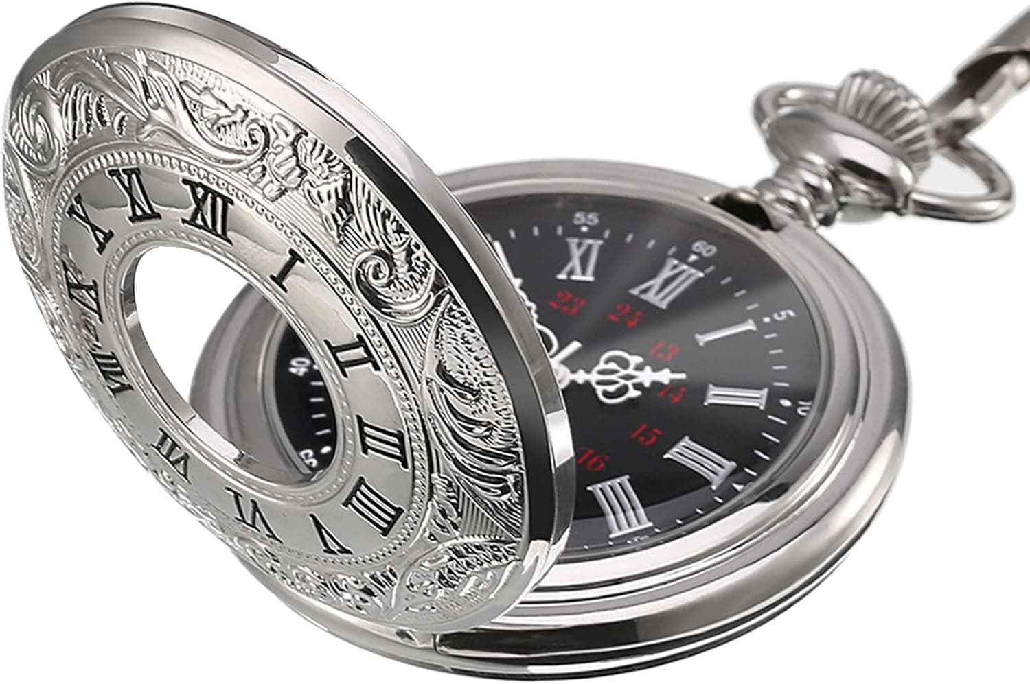 Hicarer Reloj de bolsillo vintage Reloj de acero para hombre con cadena (Plata)