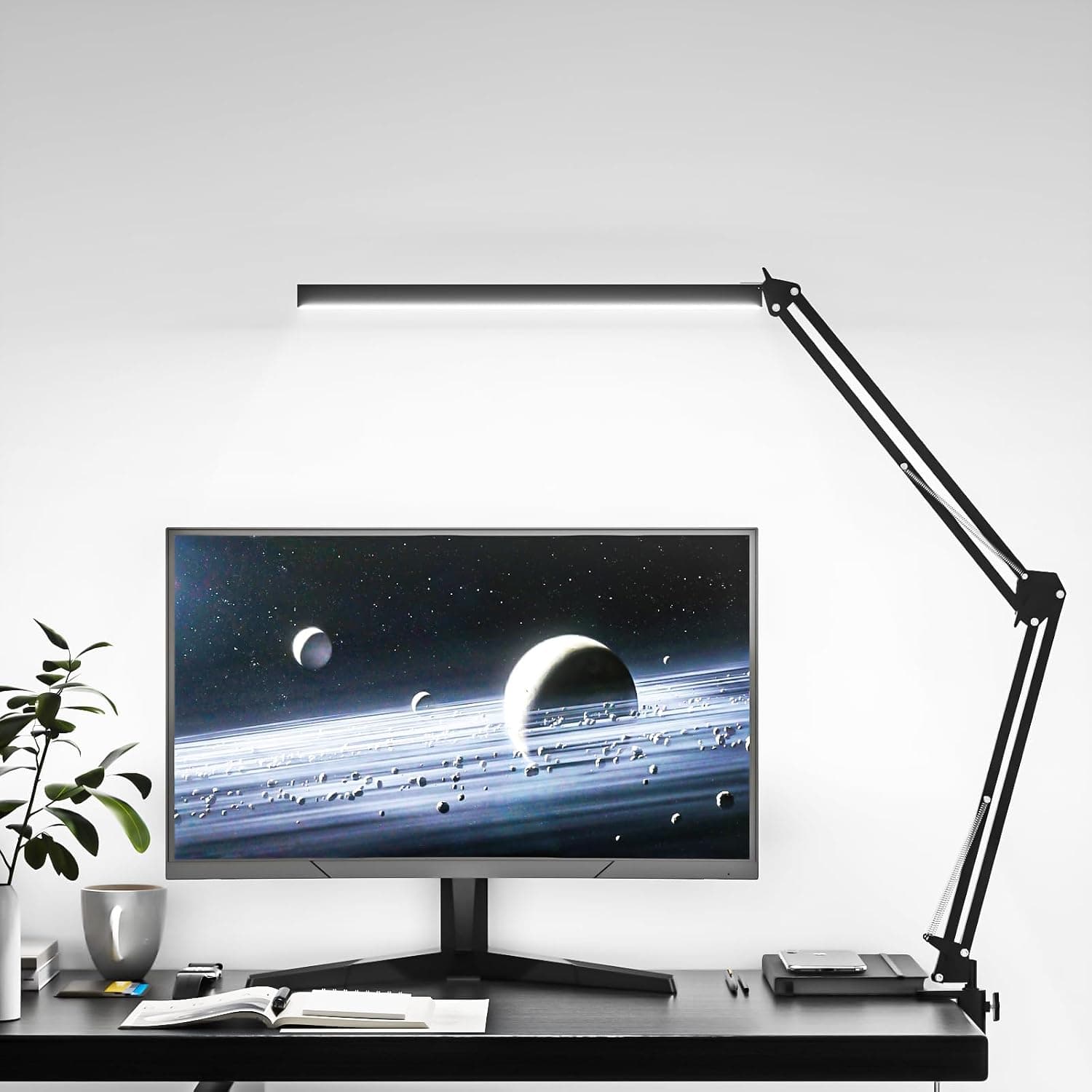 Lámpara de escritorio LED, lámpara de mesa de manicura, luz de dibujo que cuida los ojos, lámpara de mesa de oficina regulable con 3 modos de color, 10 niveles de brillo y adaptador, función de memoria (negro)