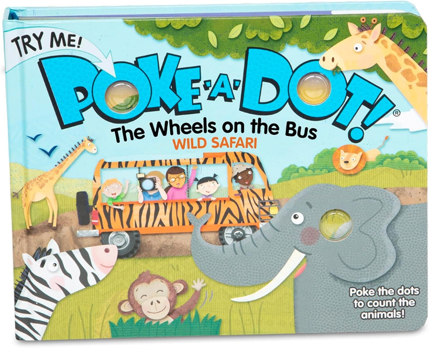 Melissa & Doug Poke-a-Dot! The Wheels on the Bus Wild Safari, libro interactivo de tablero para niños con botones para hacer estallar, juguete sensorial educativo para niños pequeños y preescolares mayores de 3 años - Certificado FSC
