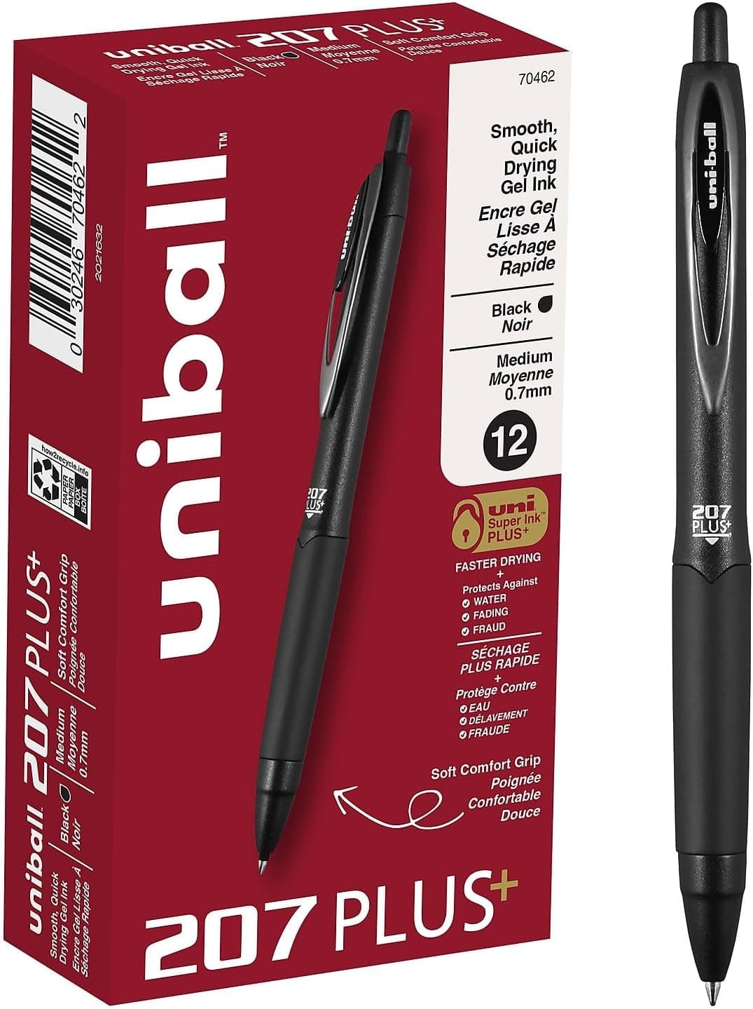 bolígrafos de gel uniball™ 207 Plus+, tinta negra, punta media de 0,7 mm, 12 unidades | Retráctil, de secado más rápido, escritura suave, resistente a las manchas, uni Super Ink™ Plus+