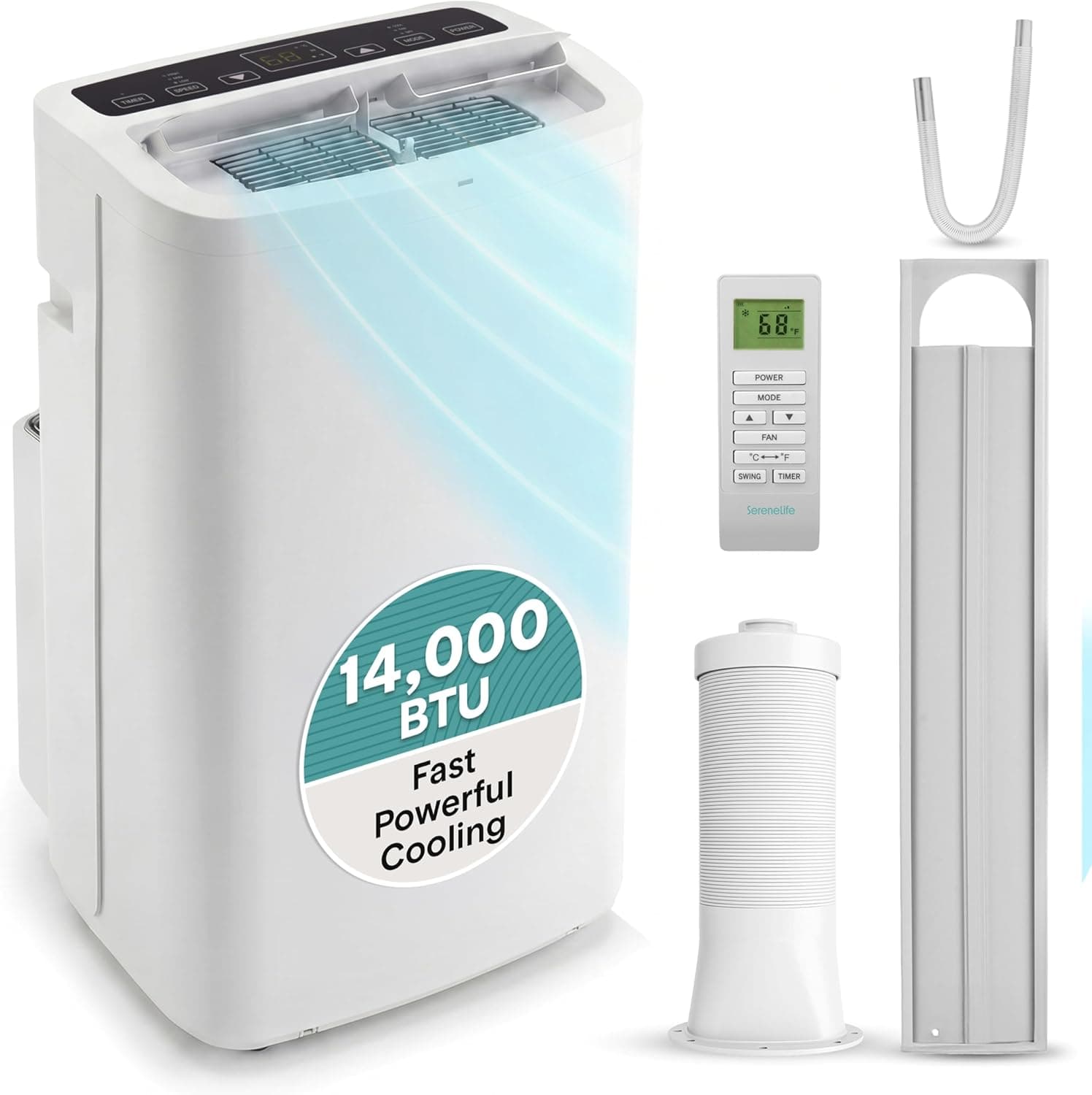 SereneLife Aire acondicionado portátil de 14.000 BTU con deshumidificador incorporado - Unidad de aire acondicionado portátil para habitaciones de hasta 650 pies cuadrados - Control remoto de unidad de aire acondicionado pequeña y kit de escape para montaje en ventana incluido